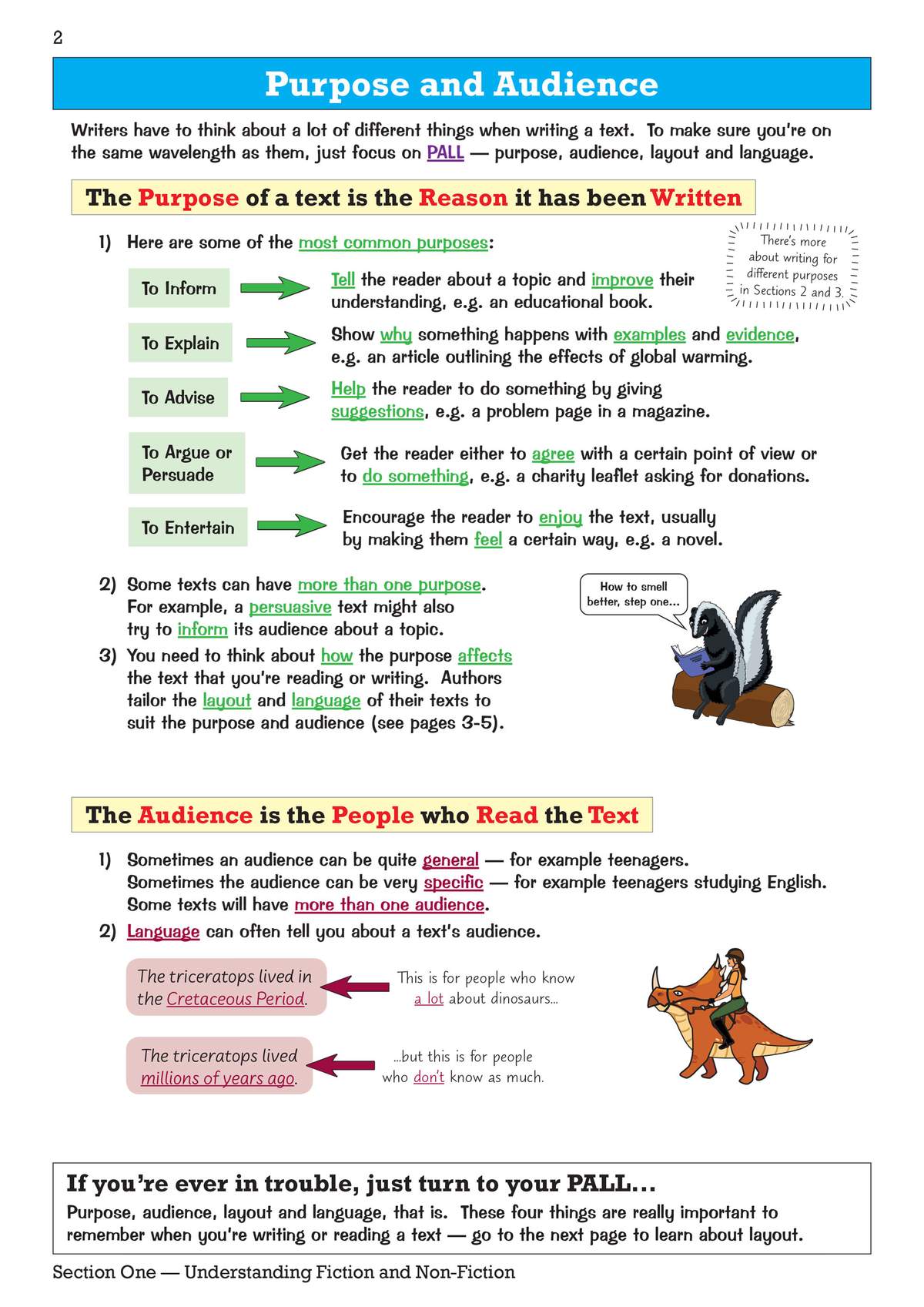 Clear notes on text purpose and audience, with cartoon animals to illustrate the difference between expert and general