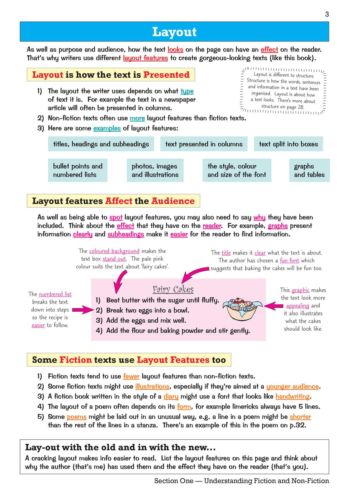 A page explaining how layout affects readers, with examples of headings, boxes, and a recipe to illustrate the points