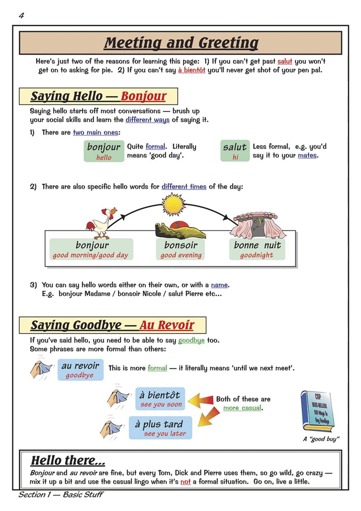 A revision page teaching French greetings and farewells with clear examples and helpful illustrations