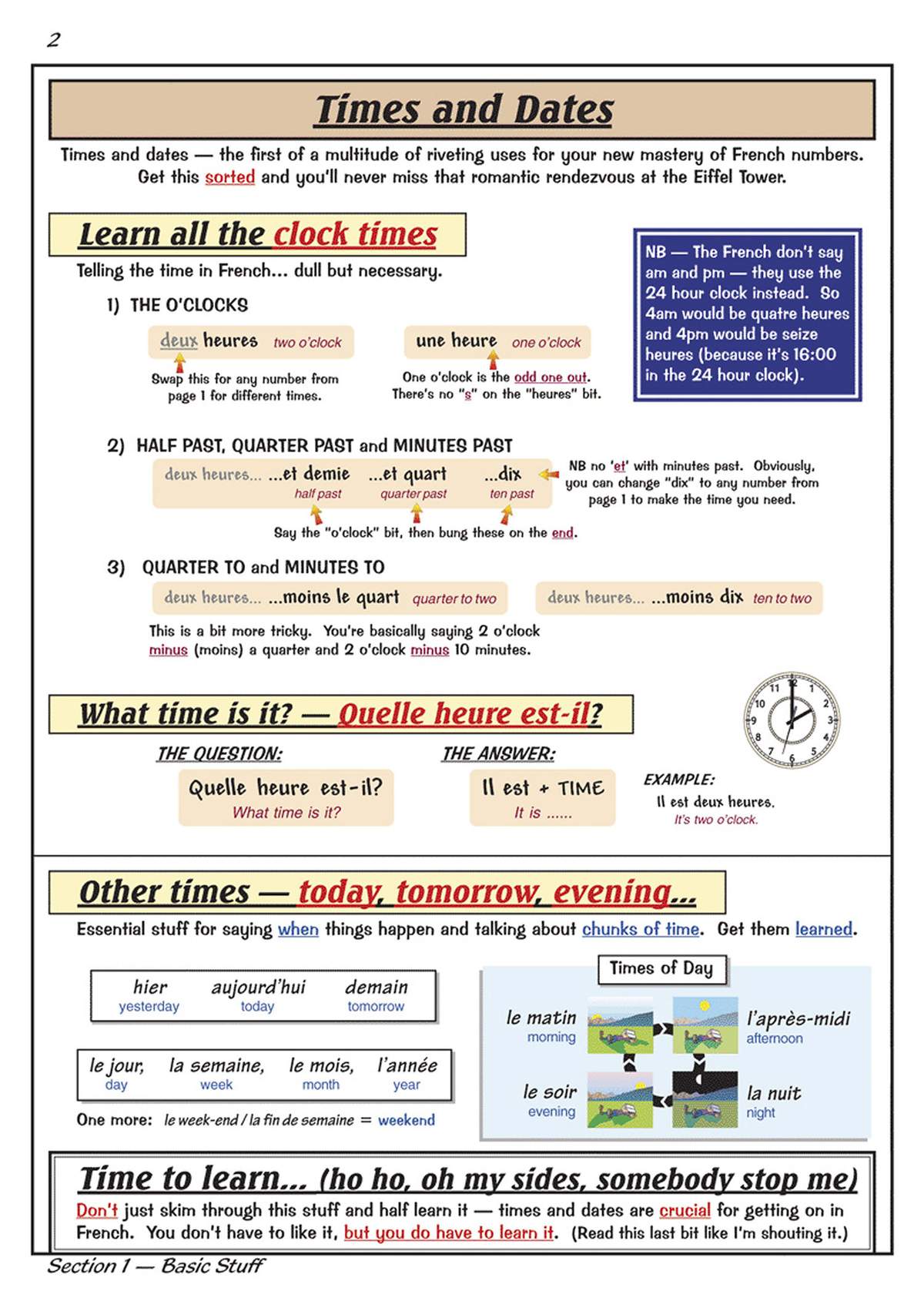 A revision page teaching how to say times and dates in French, using clear rules, examples and a clock diagram