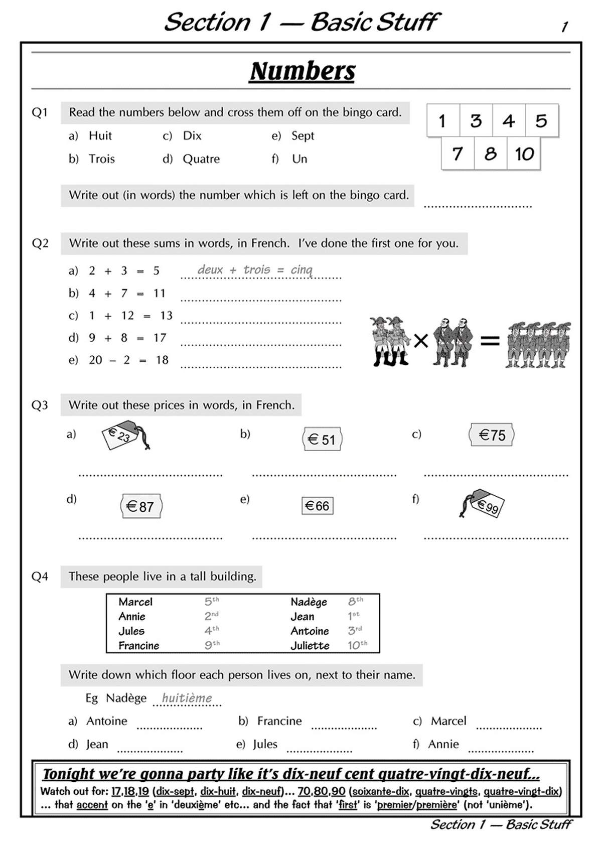 Pupils write French number words, solve simple sums, and match prices to their French equivalents