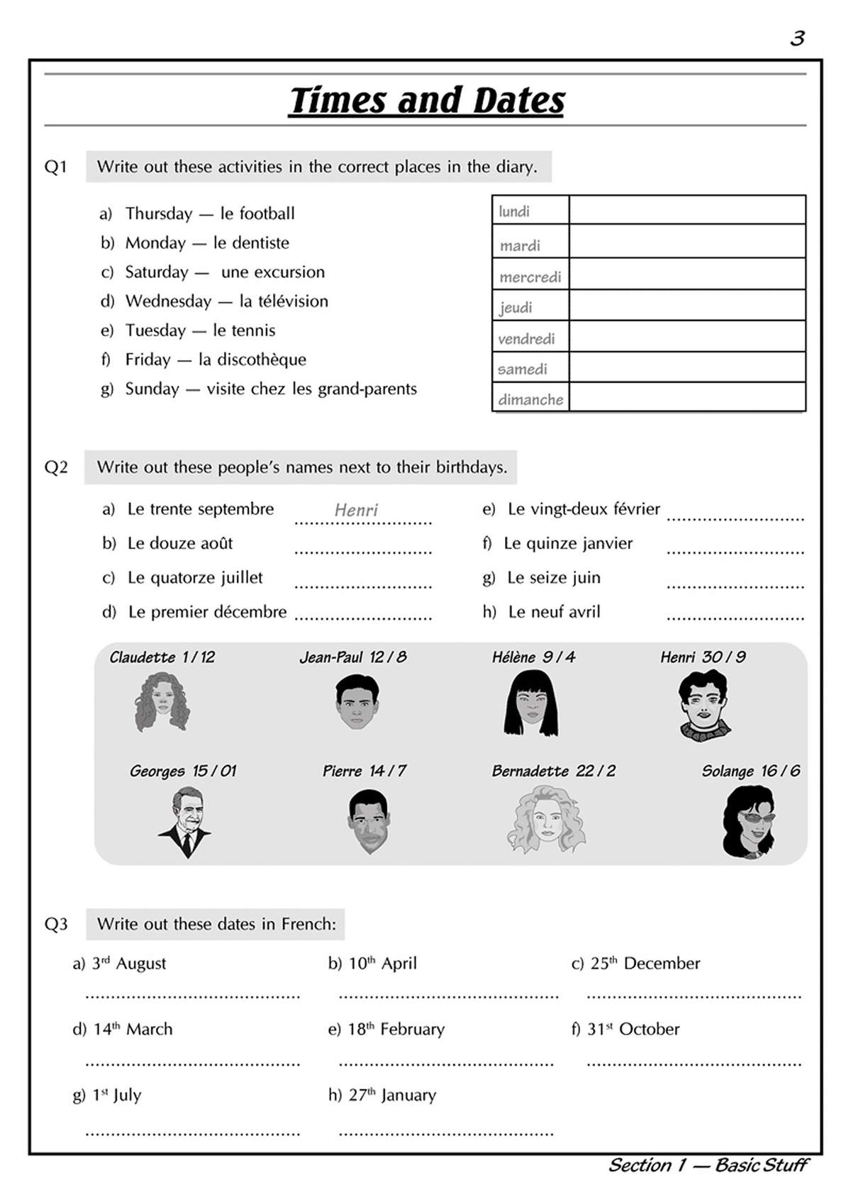 Three exercises on writing days, dates and names in French, with a character grid to match birthdays