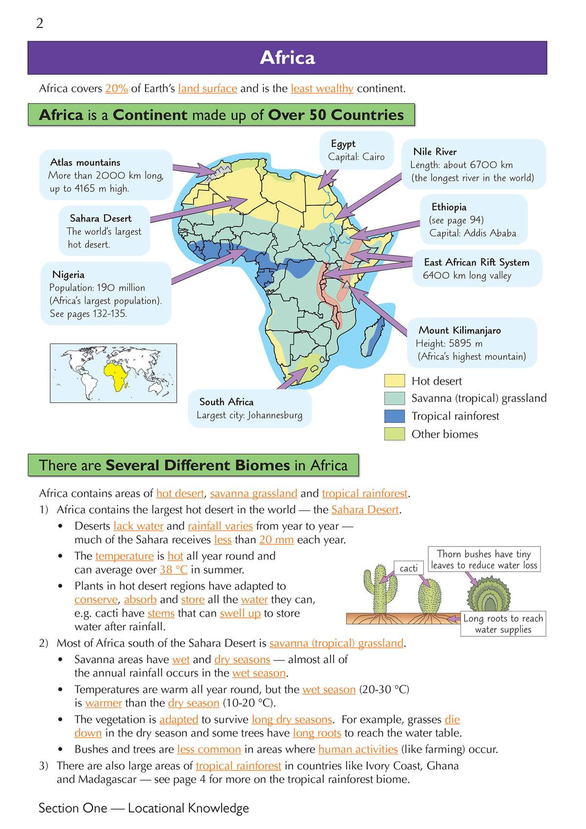 A page explaining Africa's geography, biomes, and key features with a map and diagrams