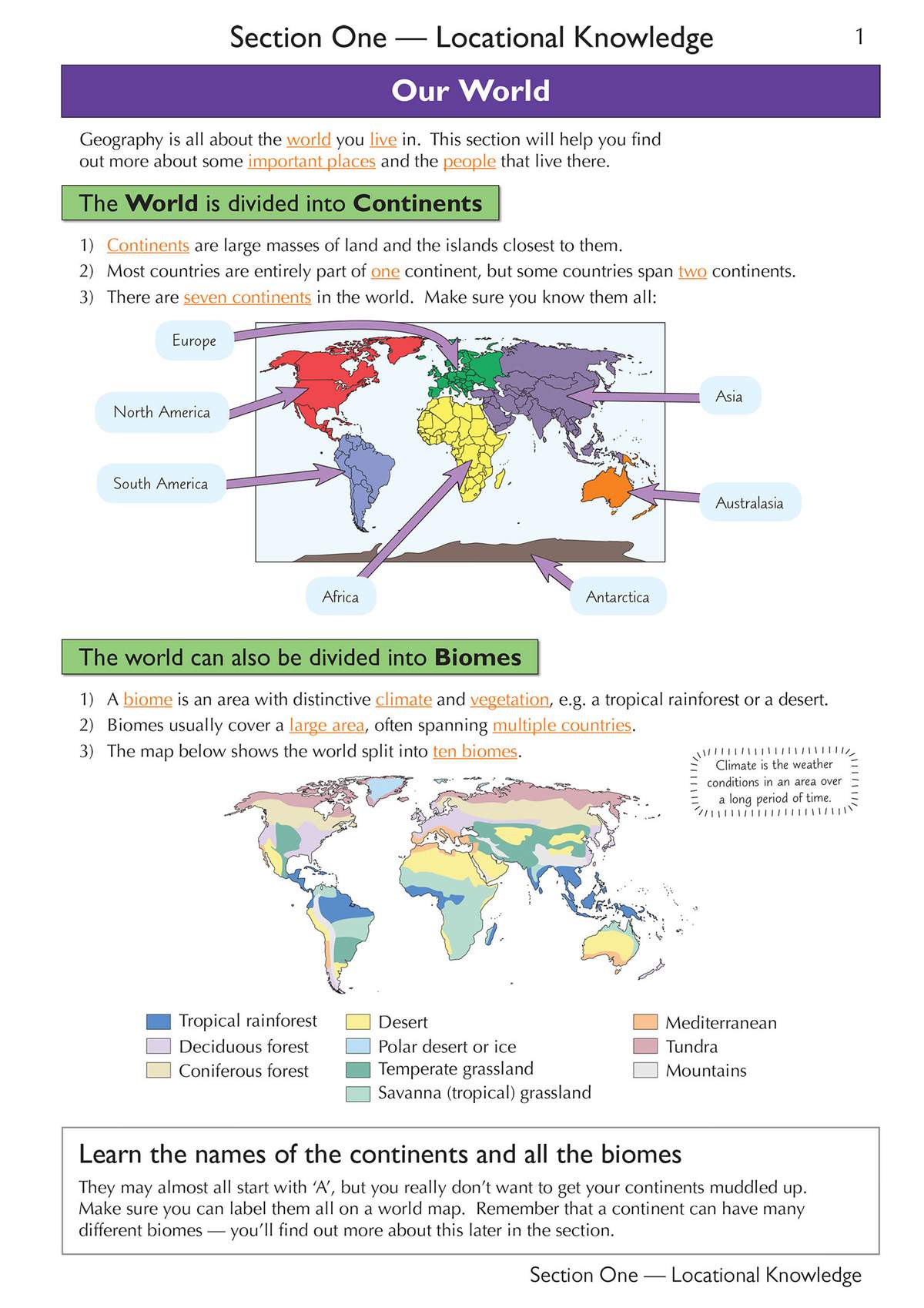 A teaching page explaining continents and biomes with two labelled world maps and a key