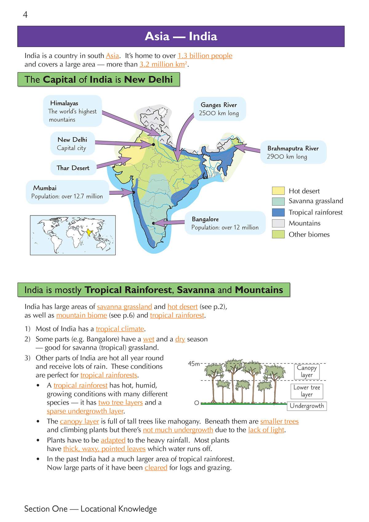 A page explaining India's geography, climate and biomes, with a map and a diagram of a tropical rainforest