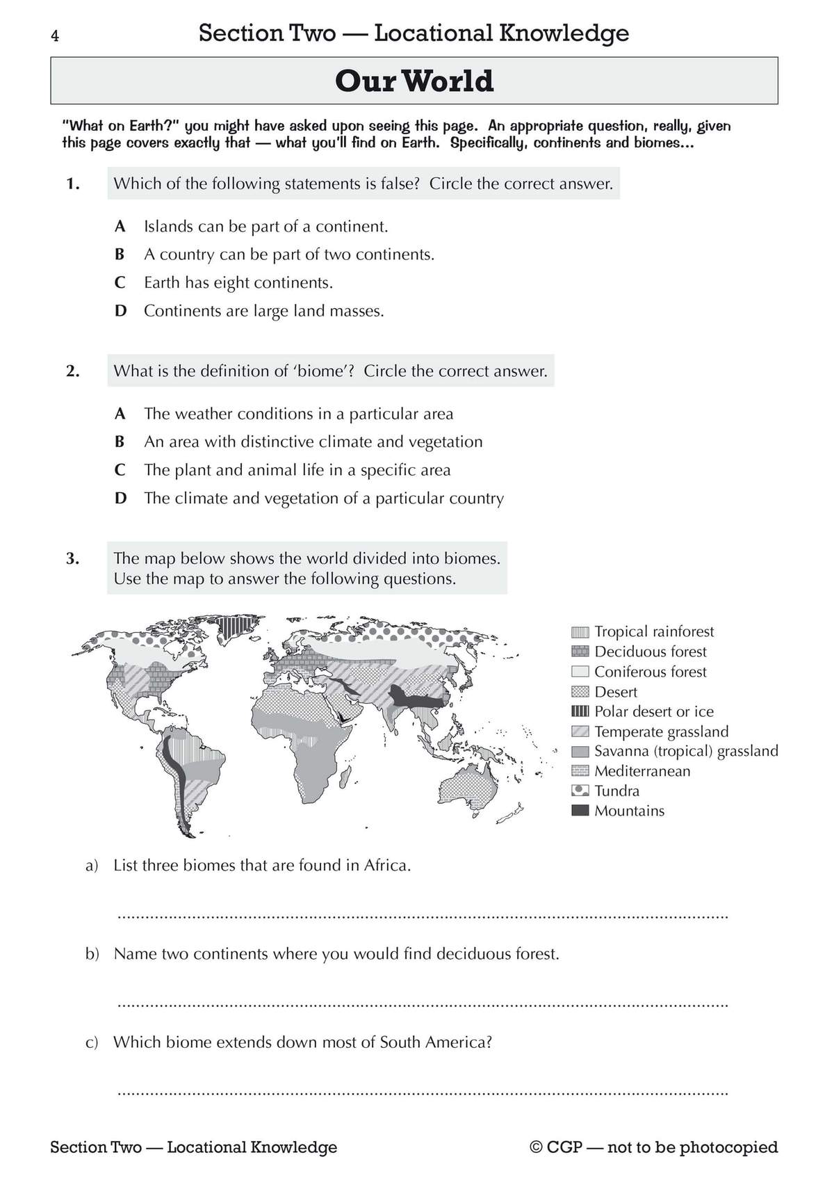 Three questions on continents and biomes, including a world map to help identify different biomes