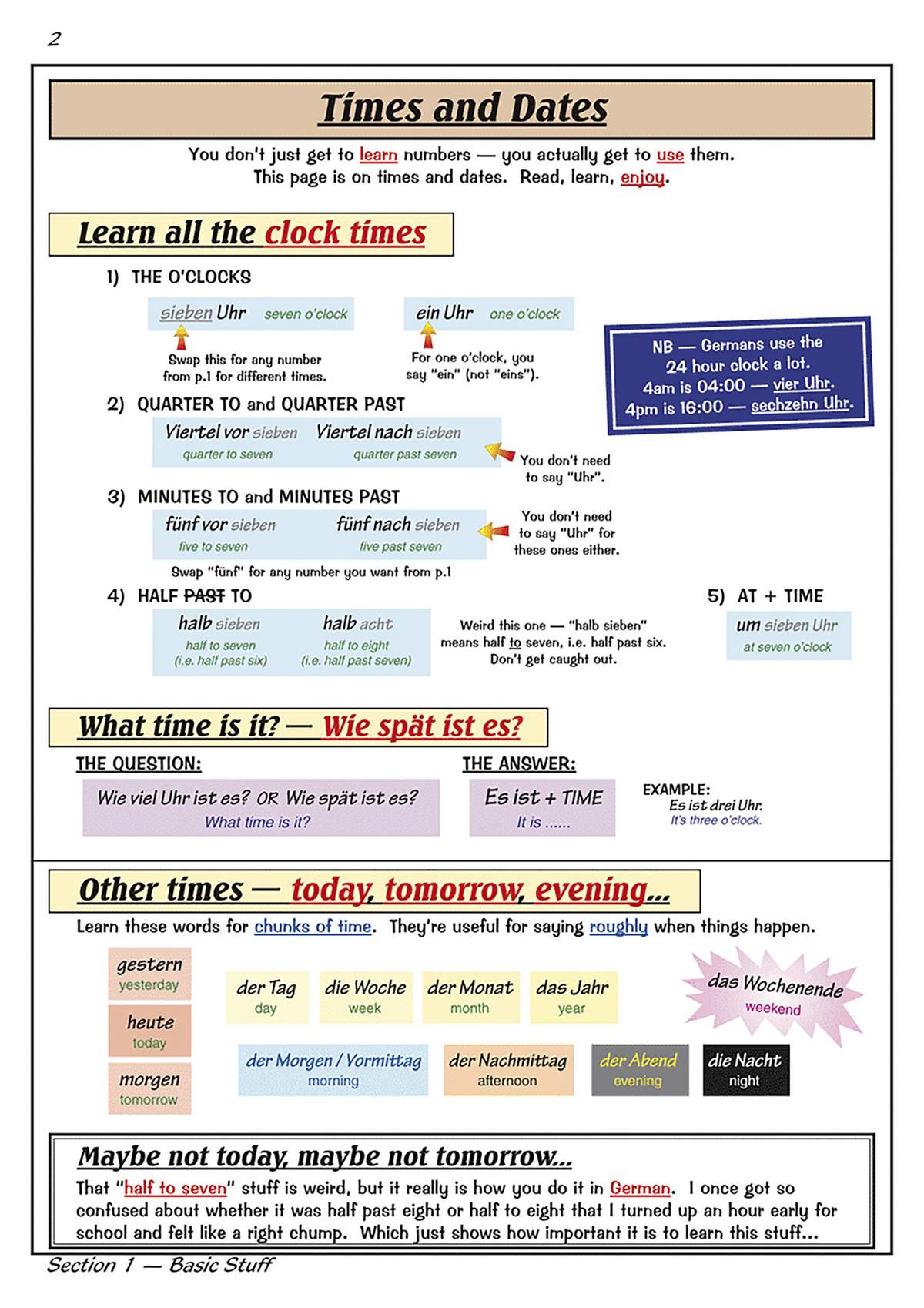 A revision page teaching German phrases for telling time and naming days, using colour-coded boxes and clear examples