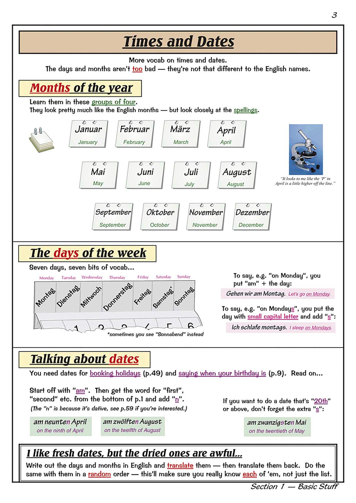 A page teaching German vocabulary for months, days and dates, with examples and a translation exercise at the bottom