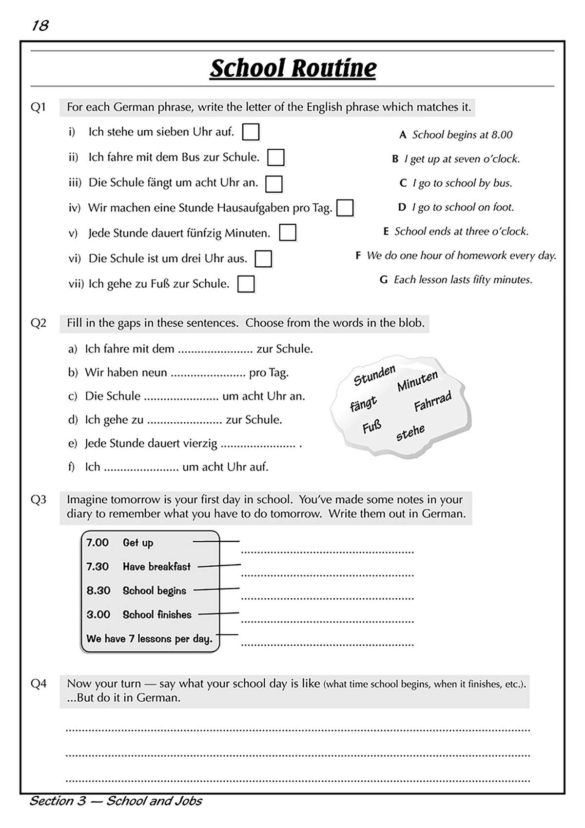 Pupils match German phrases to English, fill in gaps with vocabulary, and translate a school timetable into German