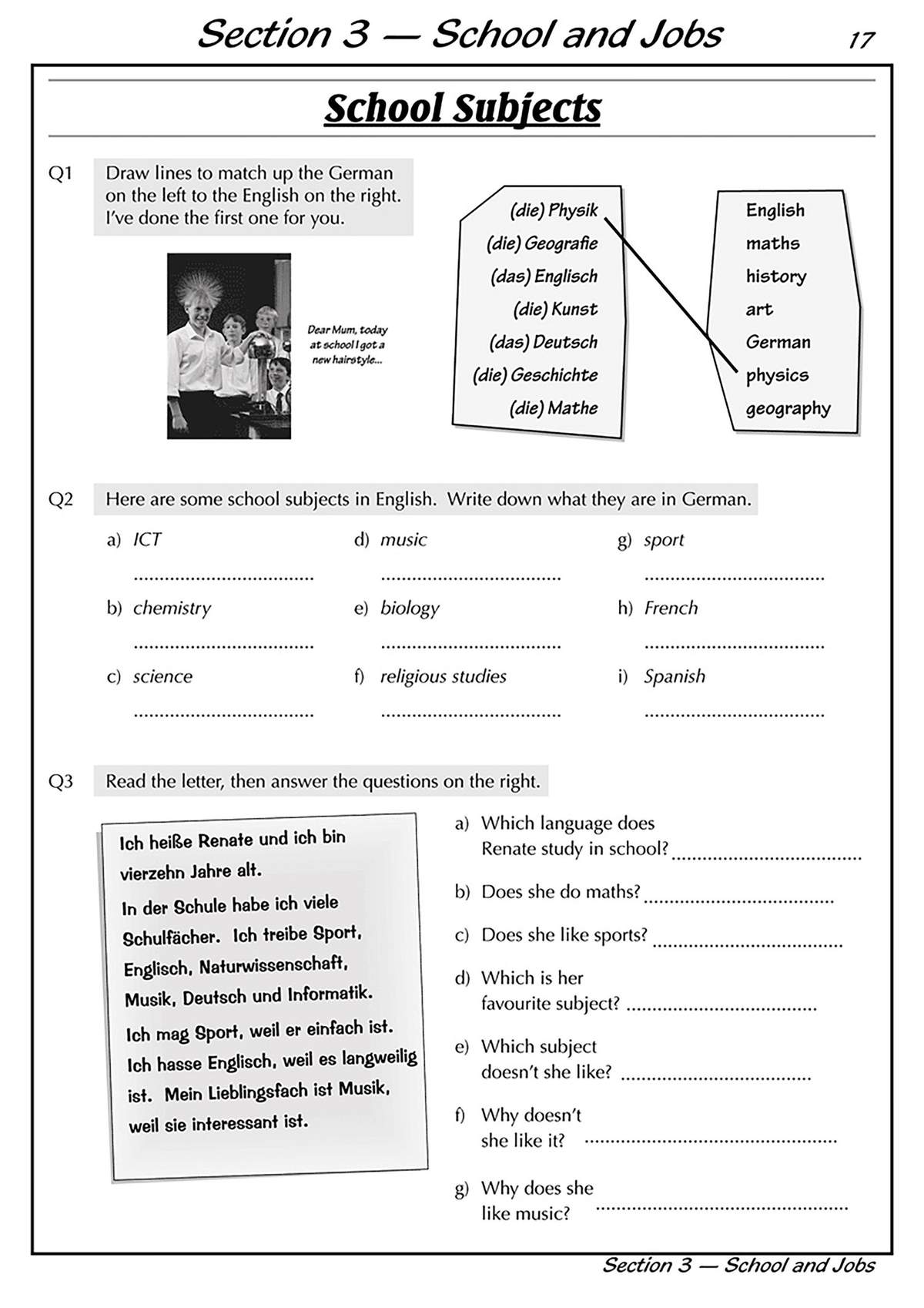Pupils match German to English subjects, translate English terms into German