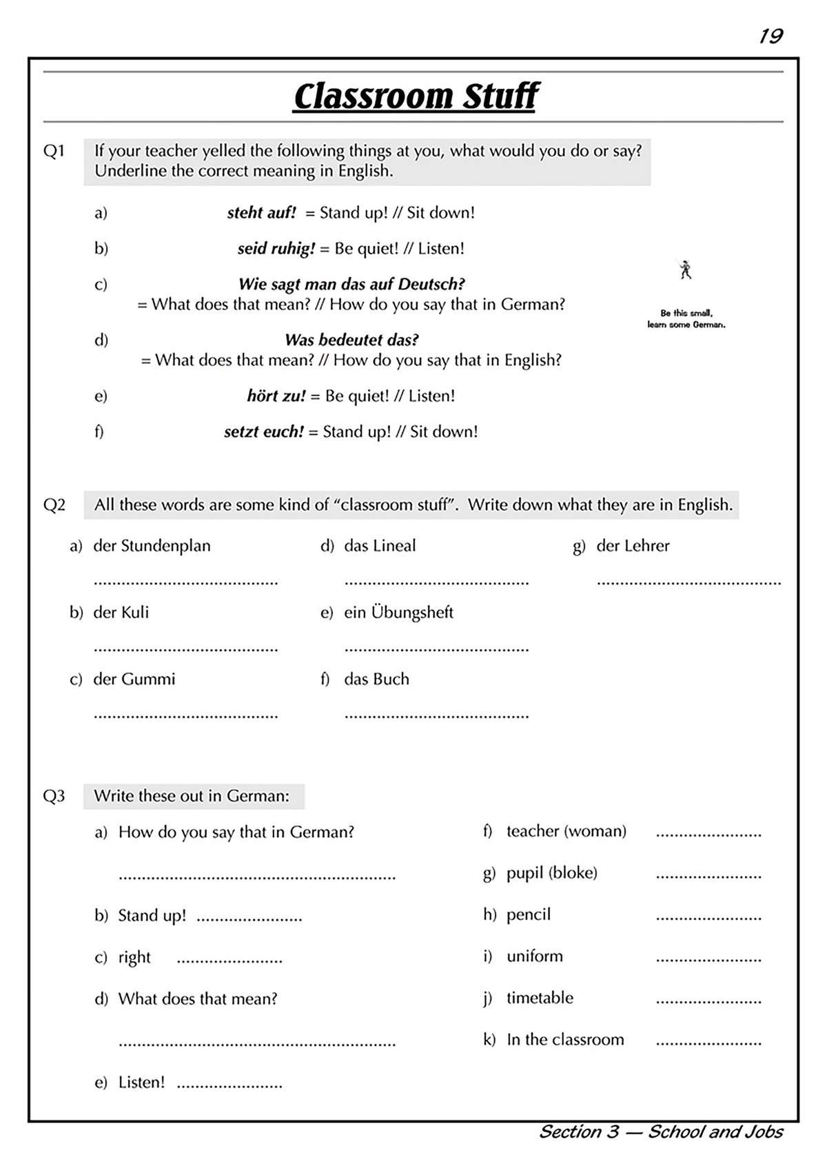 Students translate German classroom commands and vocabulary into English, then write English terms in German