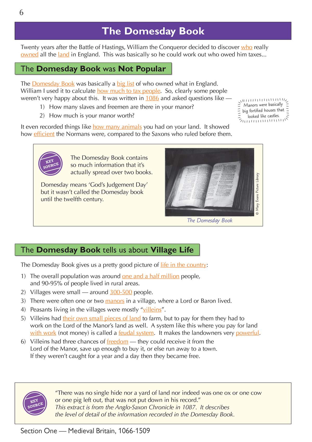 Clear notes on the Domesday Book and village life, with a historical extract to show the level of detail recorded