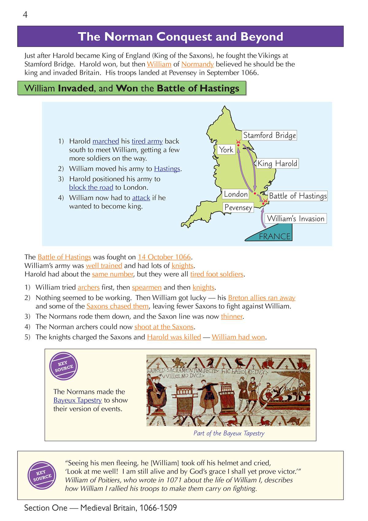 A page explaining the Norman Conquest with a map of the invasion, a timeline of events, and a quote from William of Poitiers
