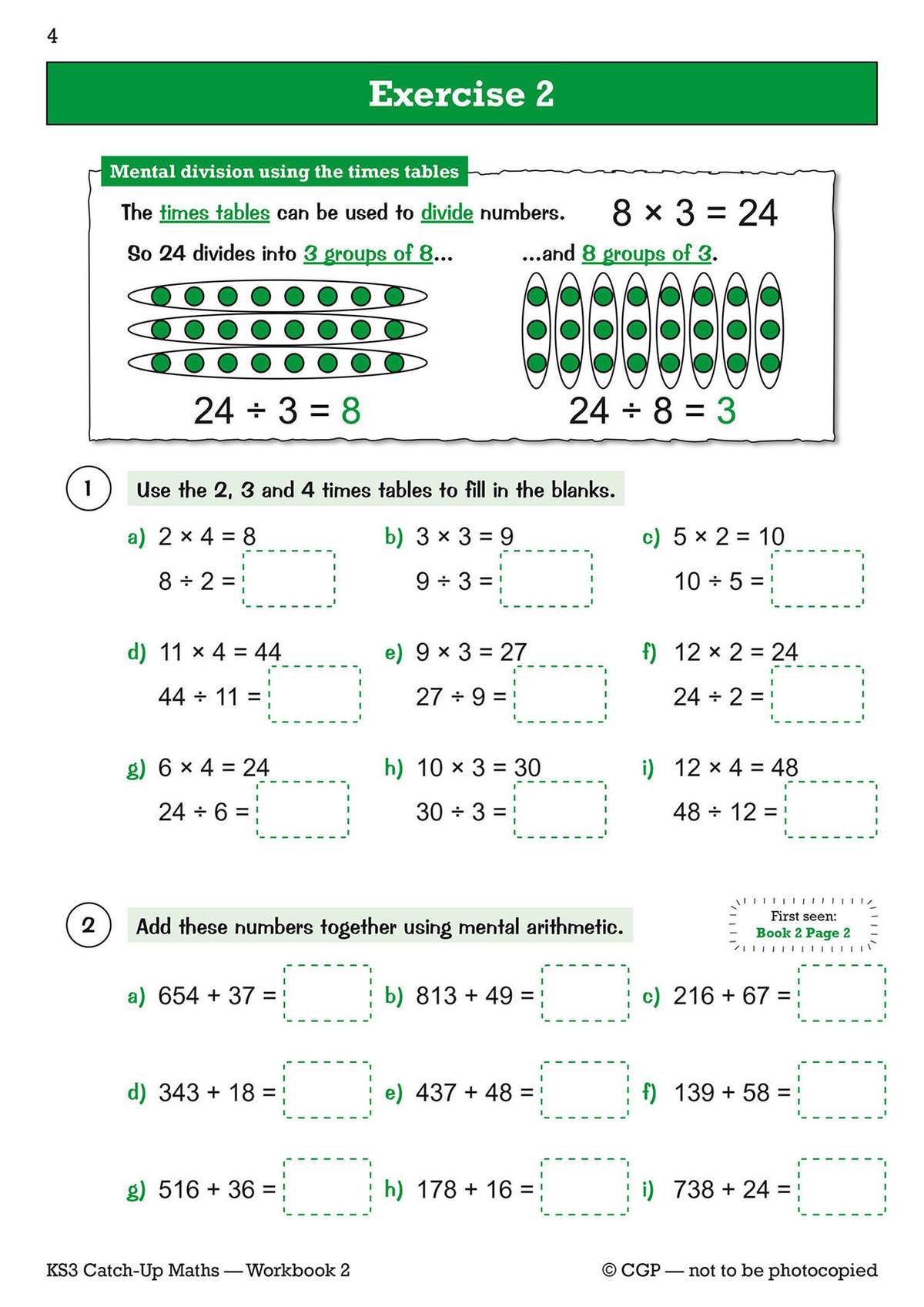 Pupils fill in blanks for division and addition sums, using times tables and mental arithmetic