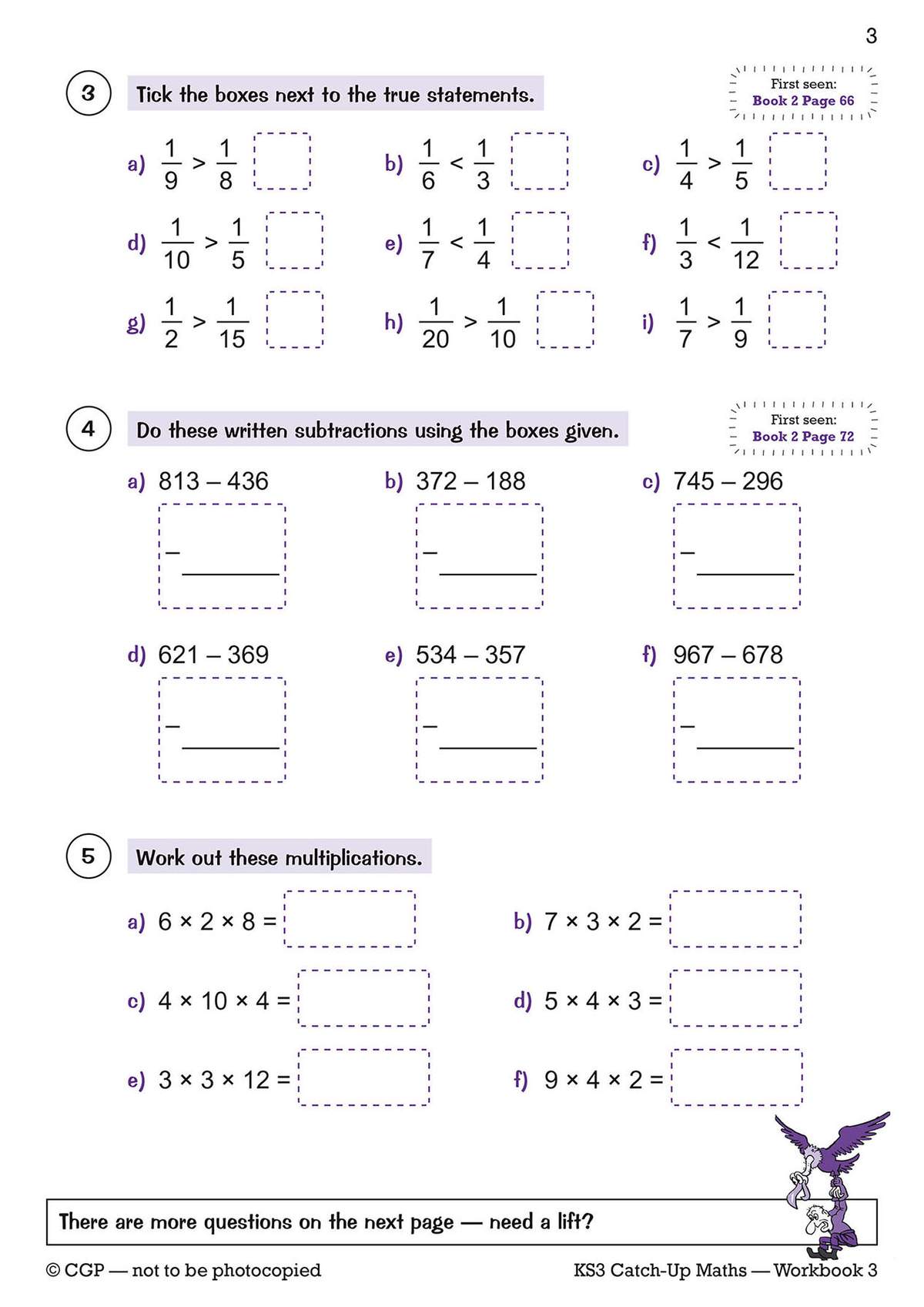 Twelve fraction comparisons, six subtraction problems and five multiplication sums with boxes to write answers in