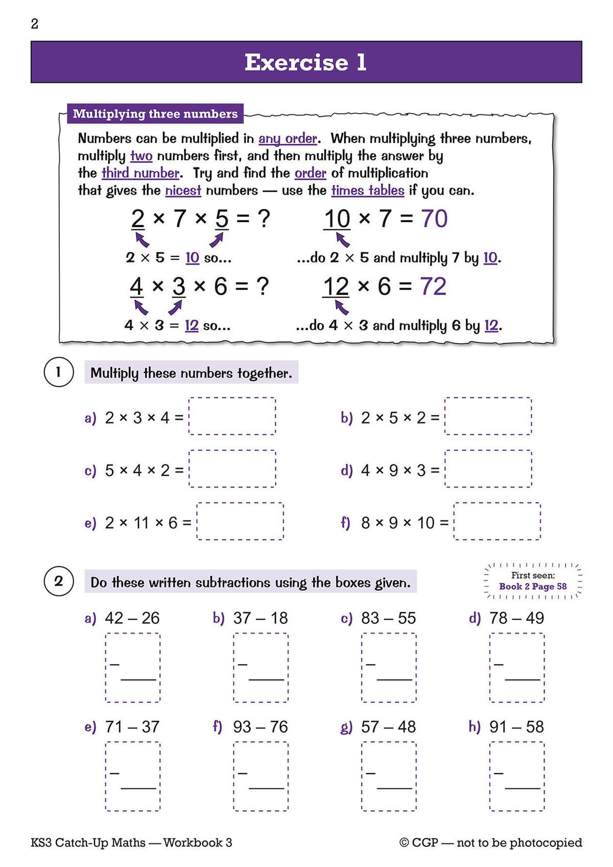Pupils multiply three numbers together and complete written subtraction problems using provided boxes