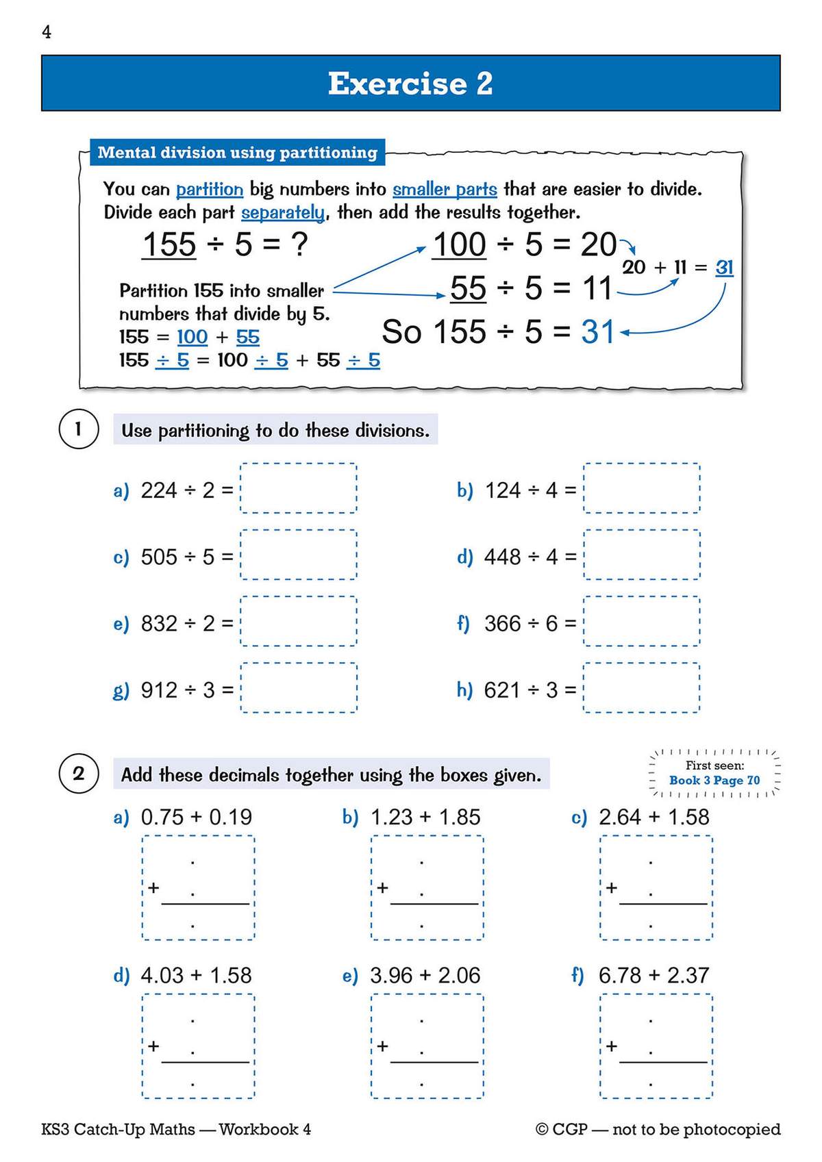 Pupils partition numbers to divide them mentally, then add decimals using provided boxes