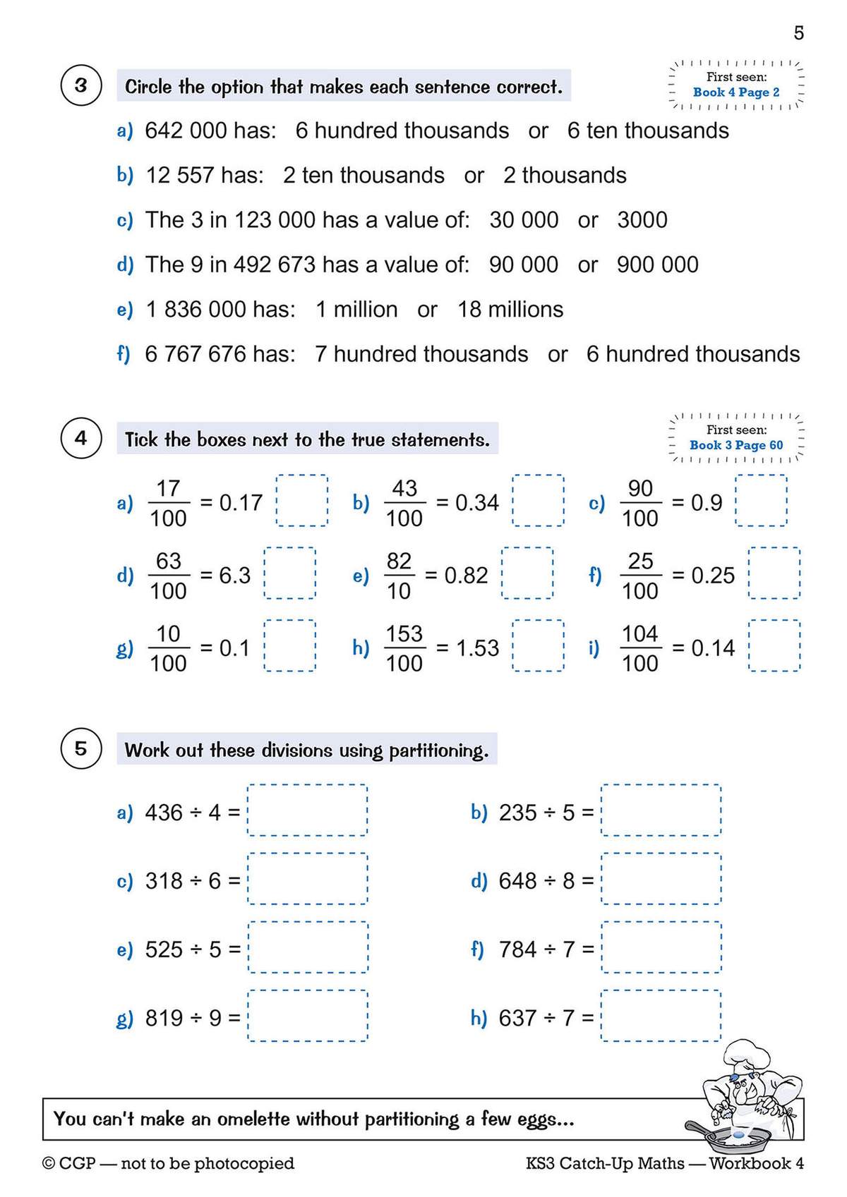 Six questions on place value and division using partitioning, with boxes to fill in answers
