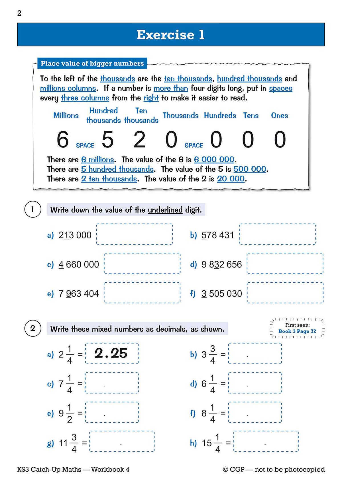 Pupils write place values for big numbers and convert mixed numbers to decimals using dotted boxes
