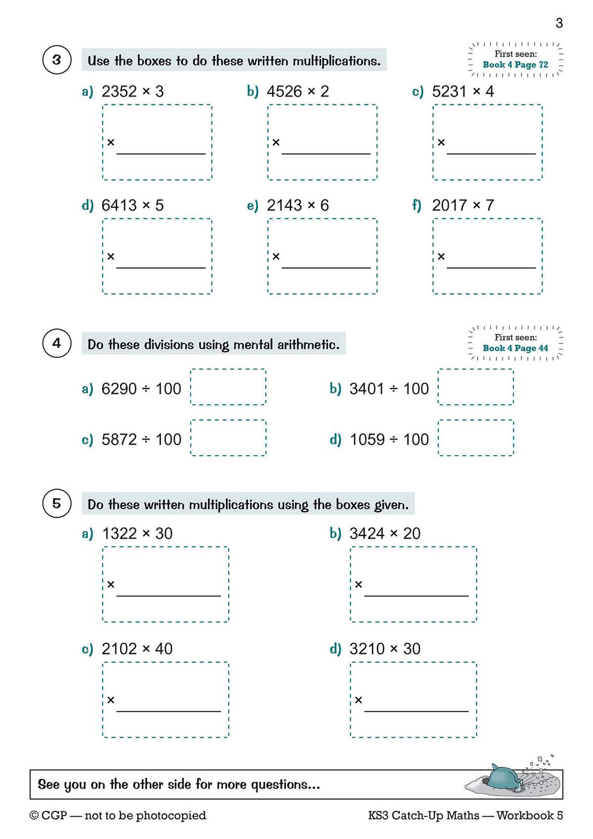 Pupils complete written multiplication and division problems using provided boxes and mental arithmetic