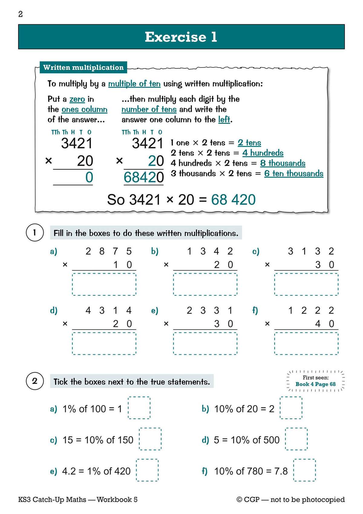 A page teaching written multiplication by multiples of ten, followed by six practice questions and a percentage