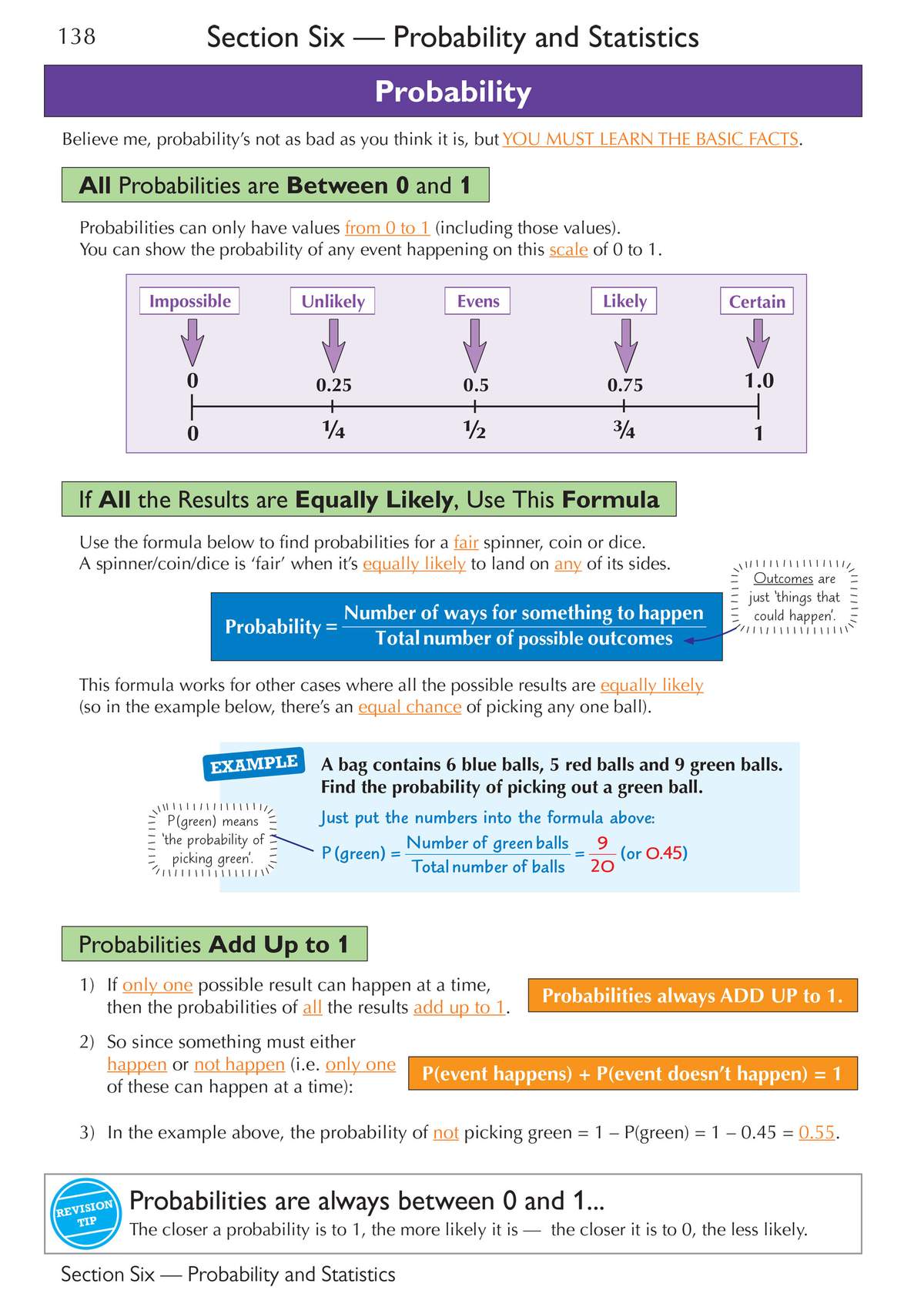 Clear notes on probability, including a formula, a worked example with a bag of balls, and rules for adding probabilities
