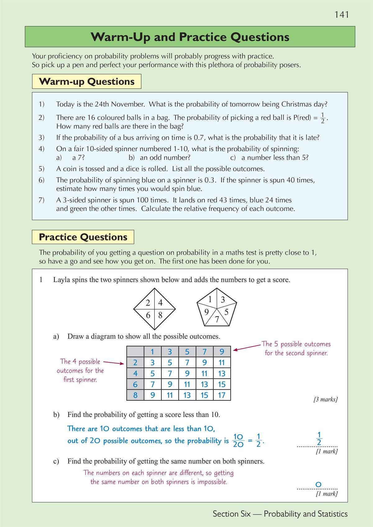 Seven probability questions and one worked example on spinners, so students practise calculating likelihoods and relative