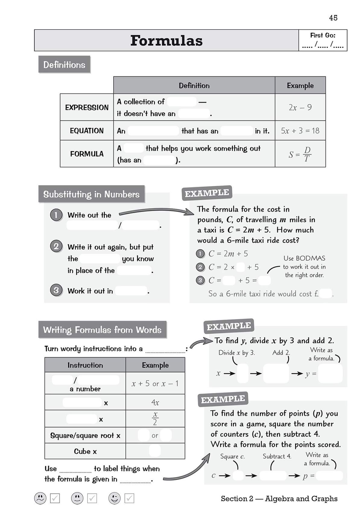 Clear notes on algebraic formulas, with worked examples showing how to turn word instructions into equations