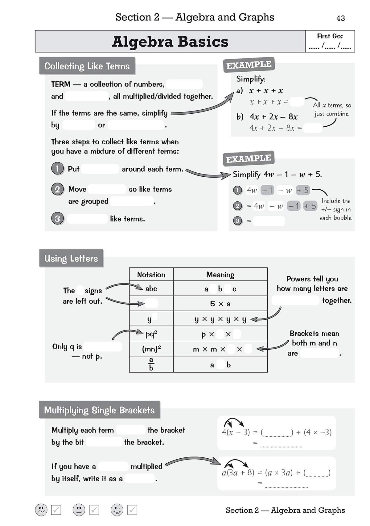 Clear notes on collecting like terms and multiplying brackets, with fill-in-the-blanks and diagrams to label