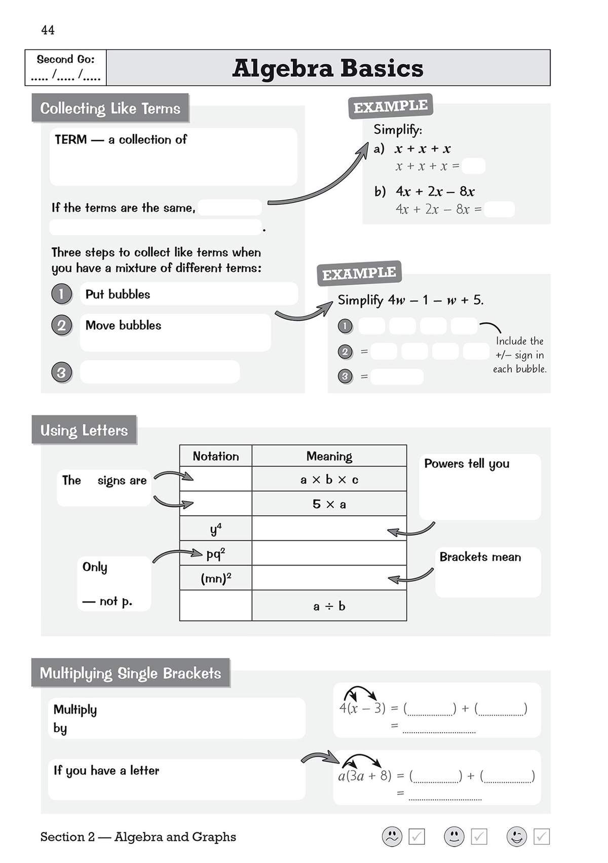 Clear notes on collecting like terms and multiplying brackets, with worked examples and a table of notation to build algebra