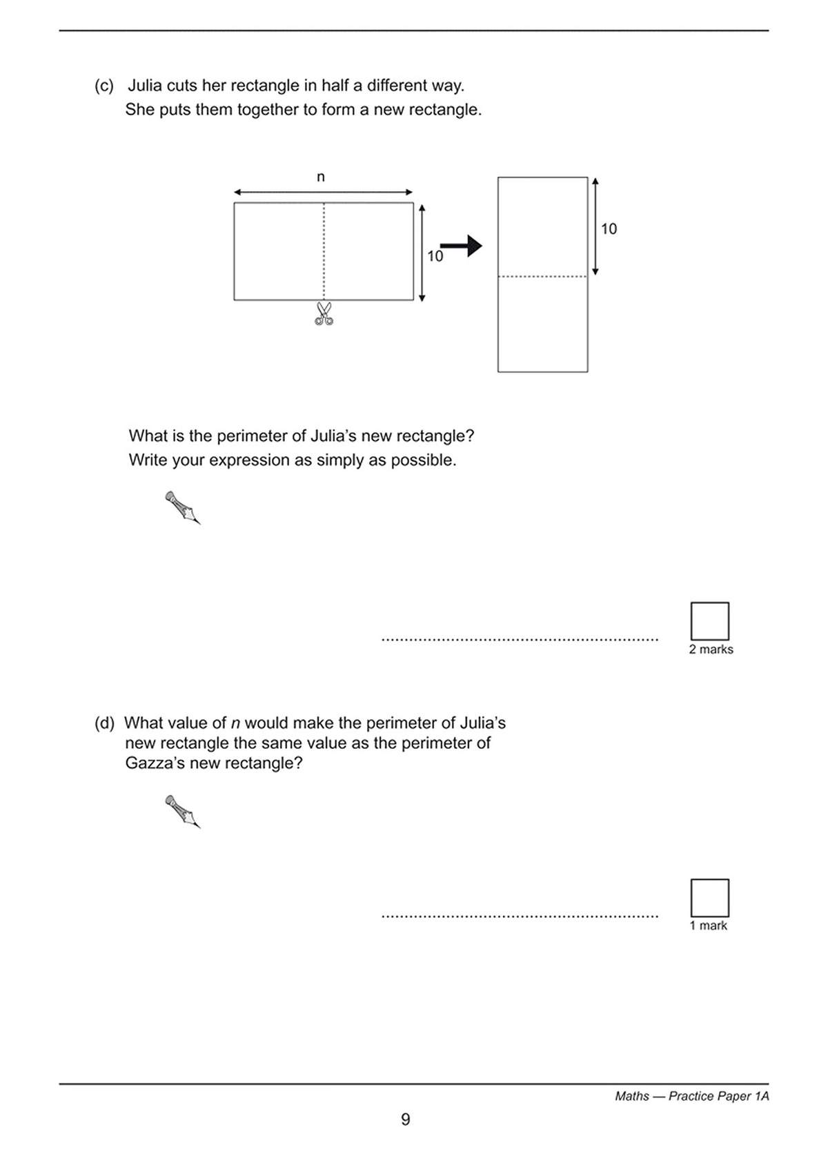 Two questions on finding the perimeter of rectangles, requiring algebraic expressions and solving for a variable