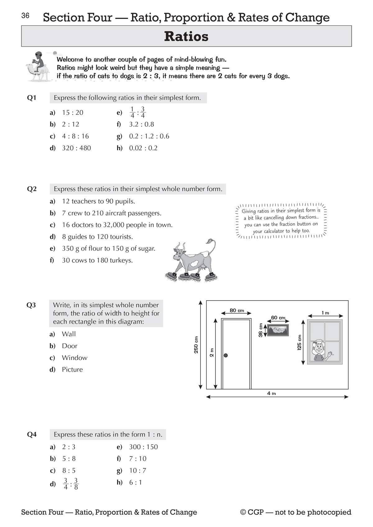 Four questions on simplifying ratios, including real-world examples like teachers to pupils and a diagram of a room