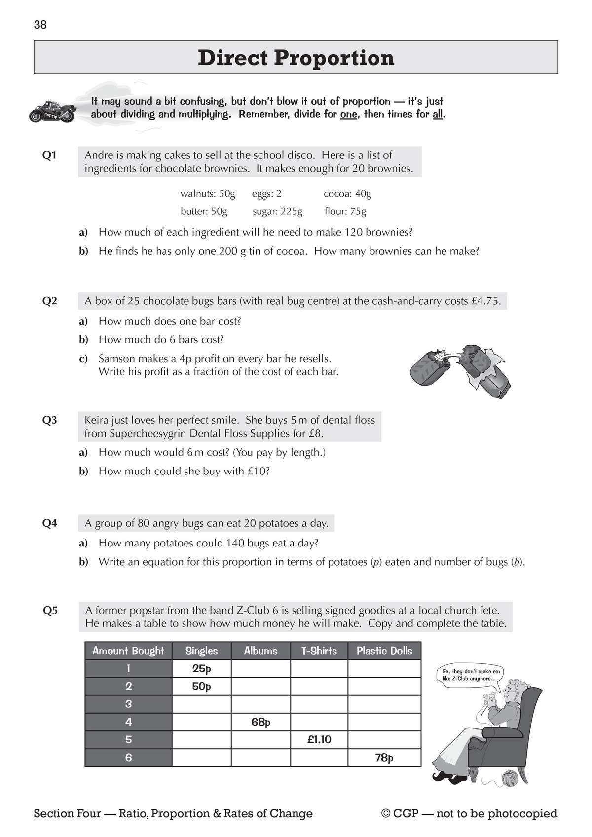 Five direct proportion questions involving cakes, chocolate bars, dental floss, bugs and a popstar's sales table
