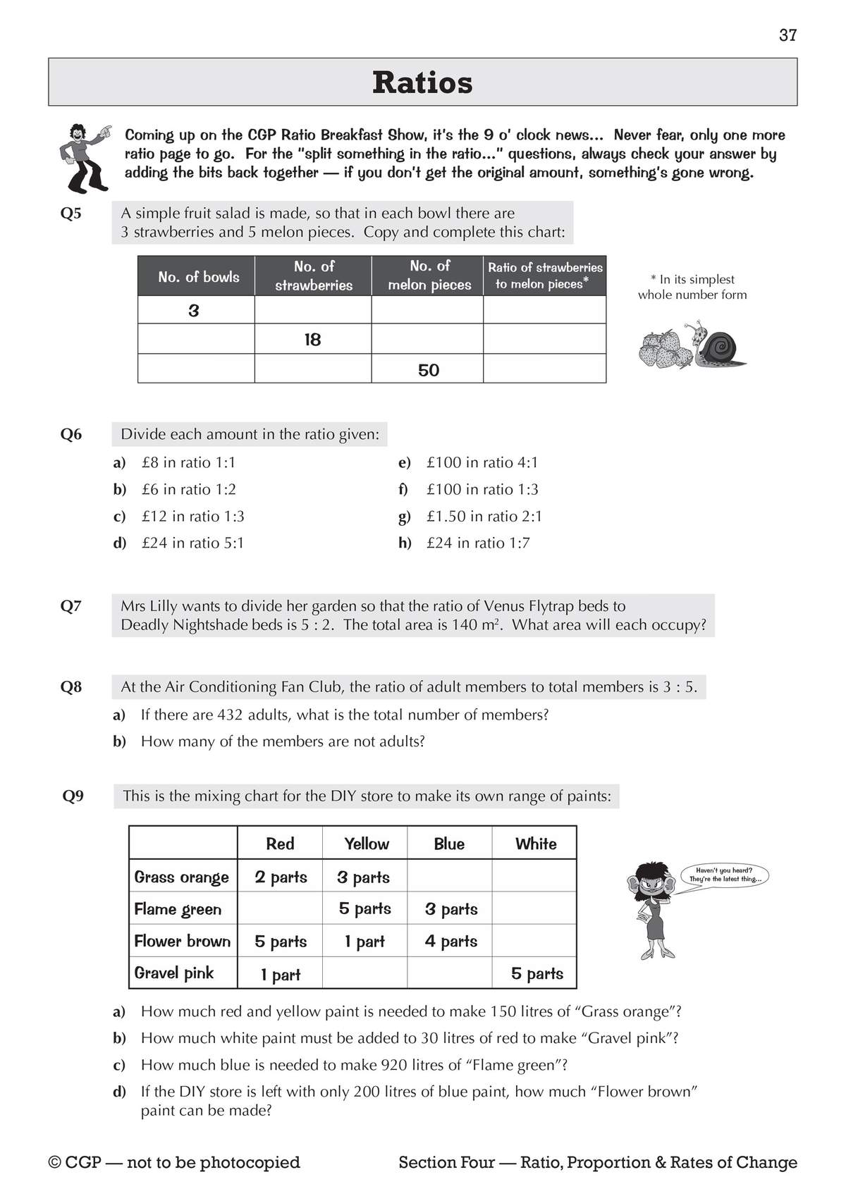 Nine ratio questions including tables, money, garden areas and paint mixing, with space to fill in answers and show working