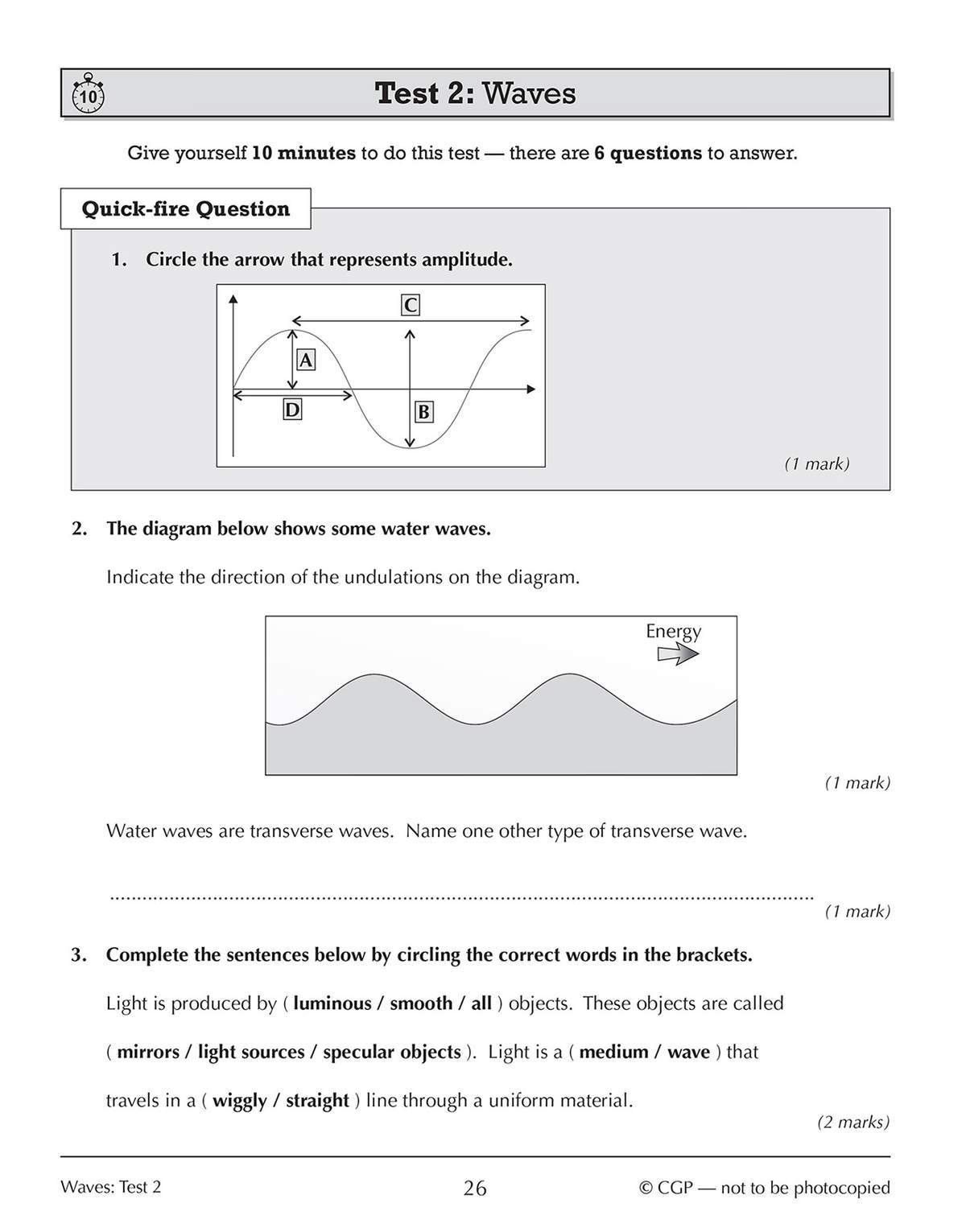 A timed test on waves with diagrams to label and sentences to complete, helping students identify wave properties quickly