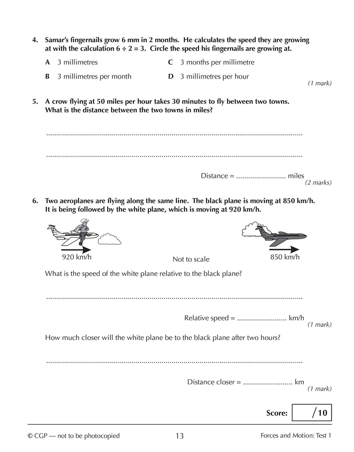 Three physics questions on speed and relative motion, including a multiple choice and calculations with diagrams