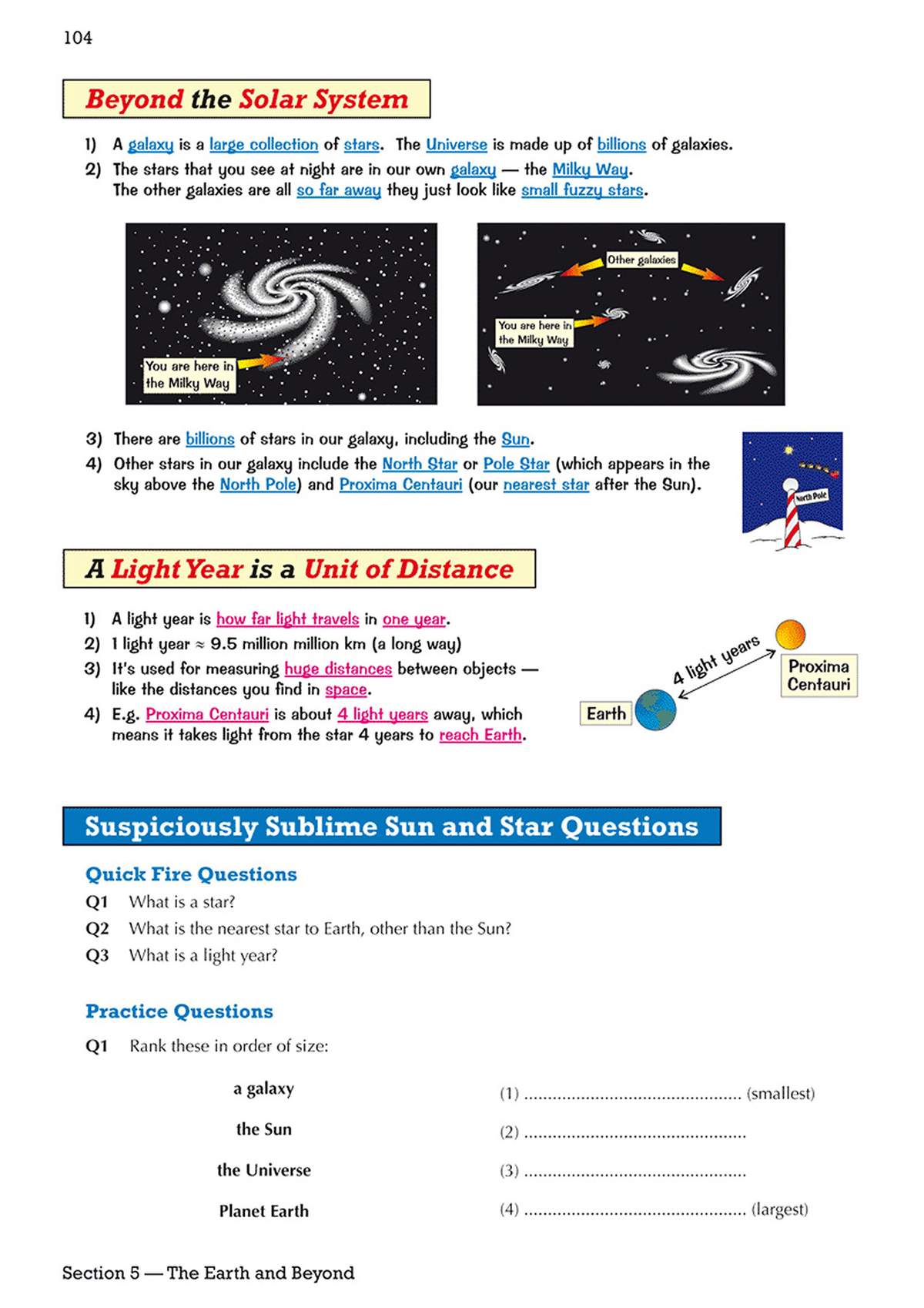 Notes on galaxies and light years, with diagrams and questions to rank objects by size