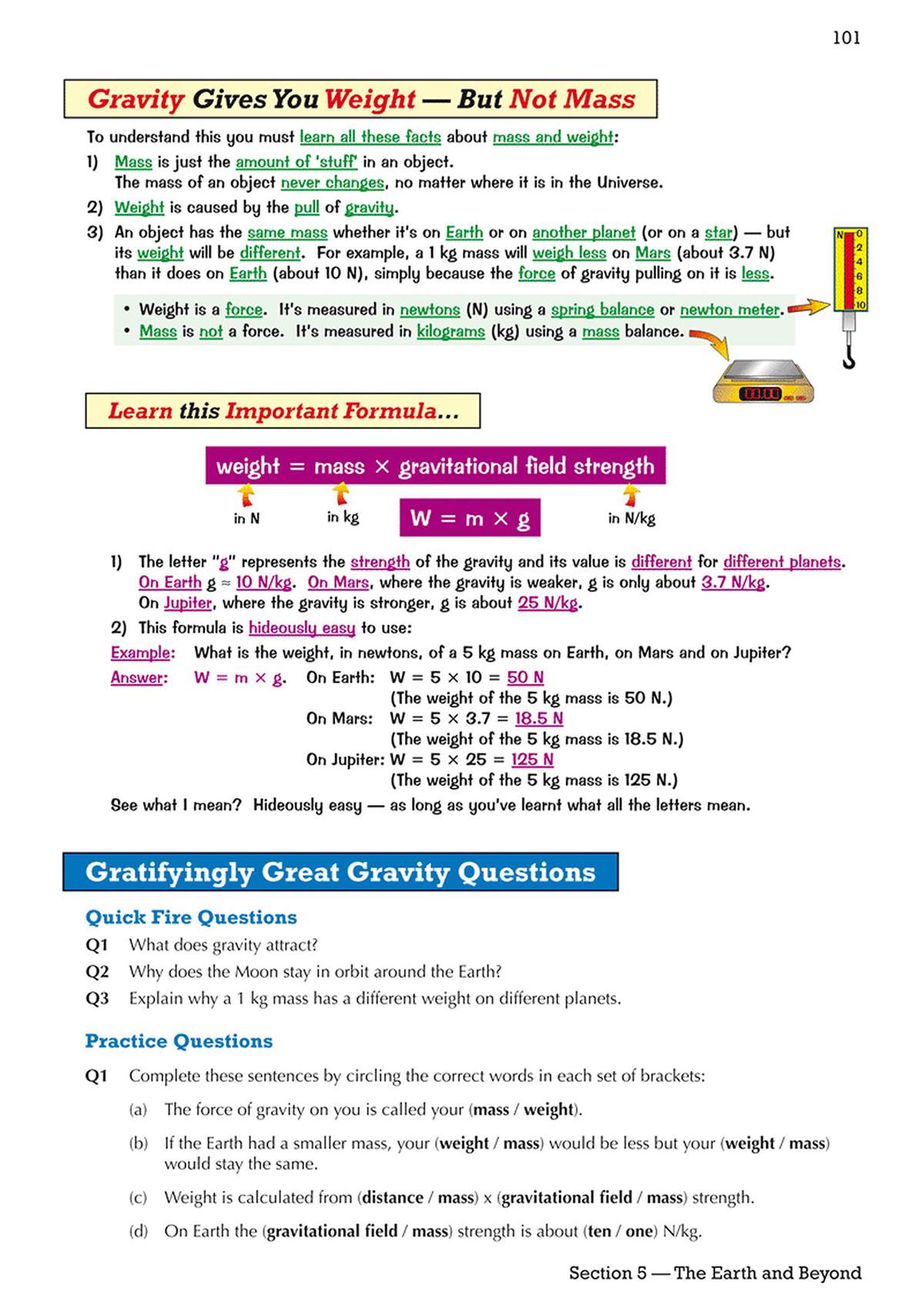 A page explaining the difference between mass and weight, with a worked example and questions to practise calculating weight