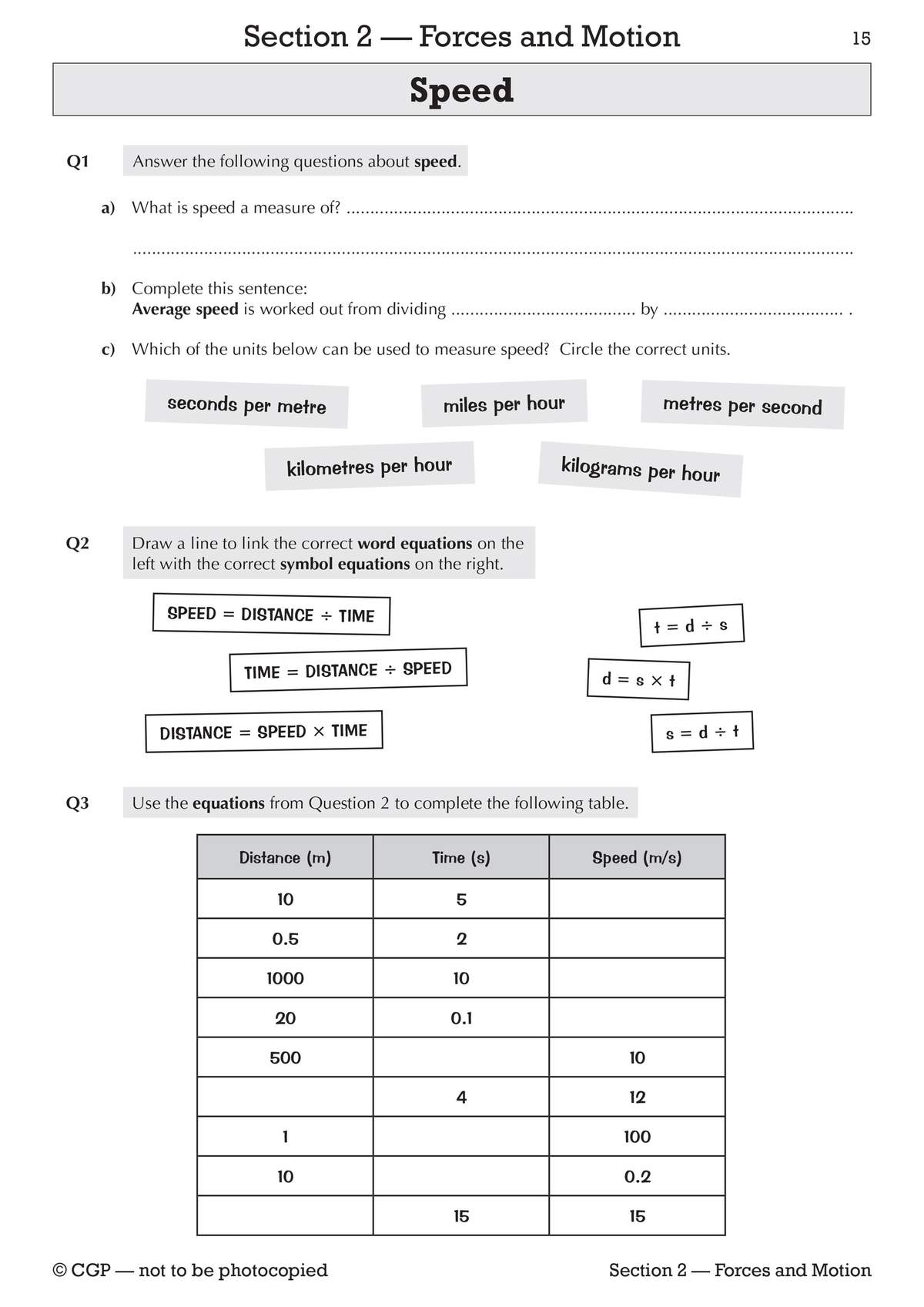 Questions on speed, including definitions, unit selection, linking word and symbol equations