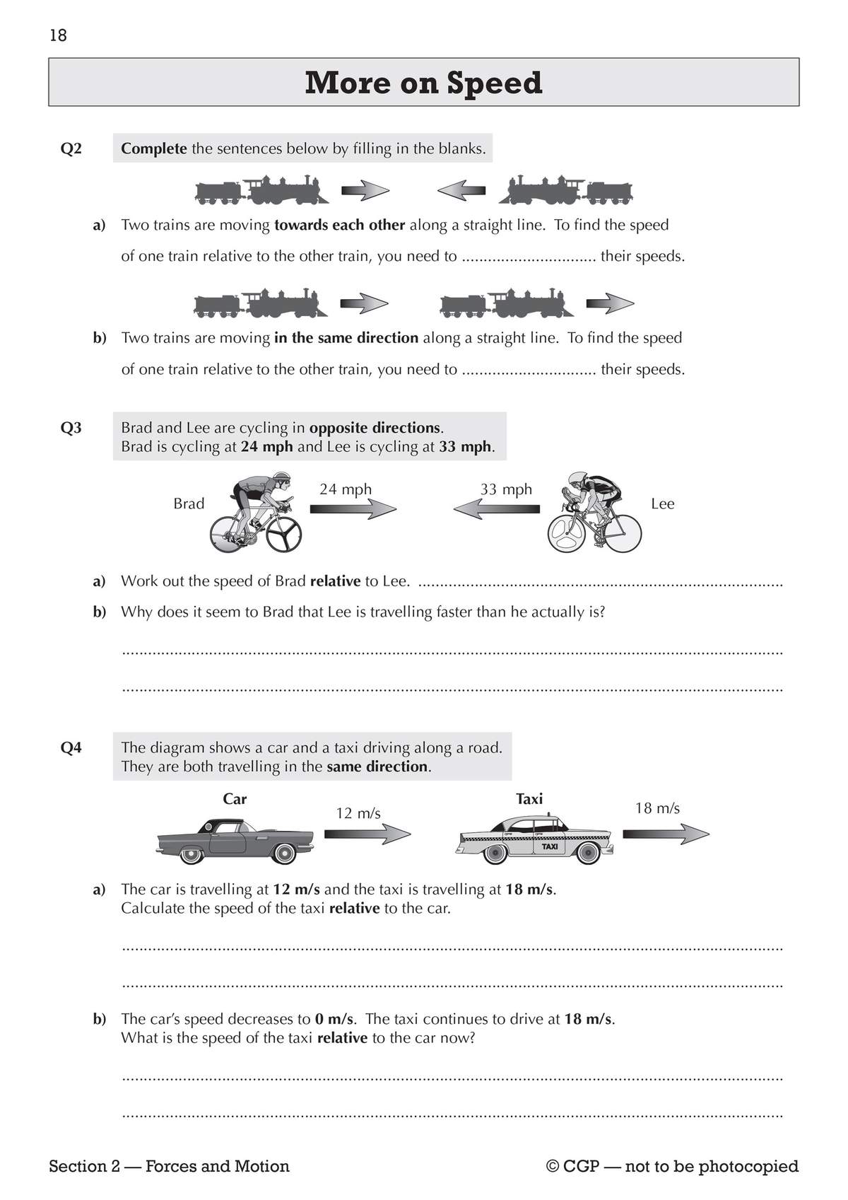 Students complete sentences about relative speed and calculate the speed of trains, cyclists and cars in different scenarios