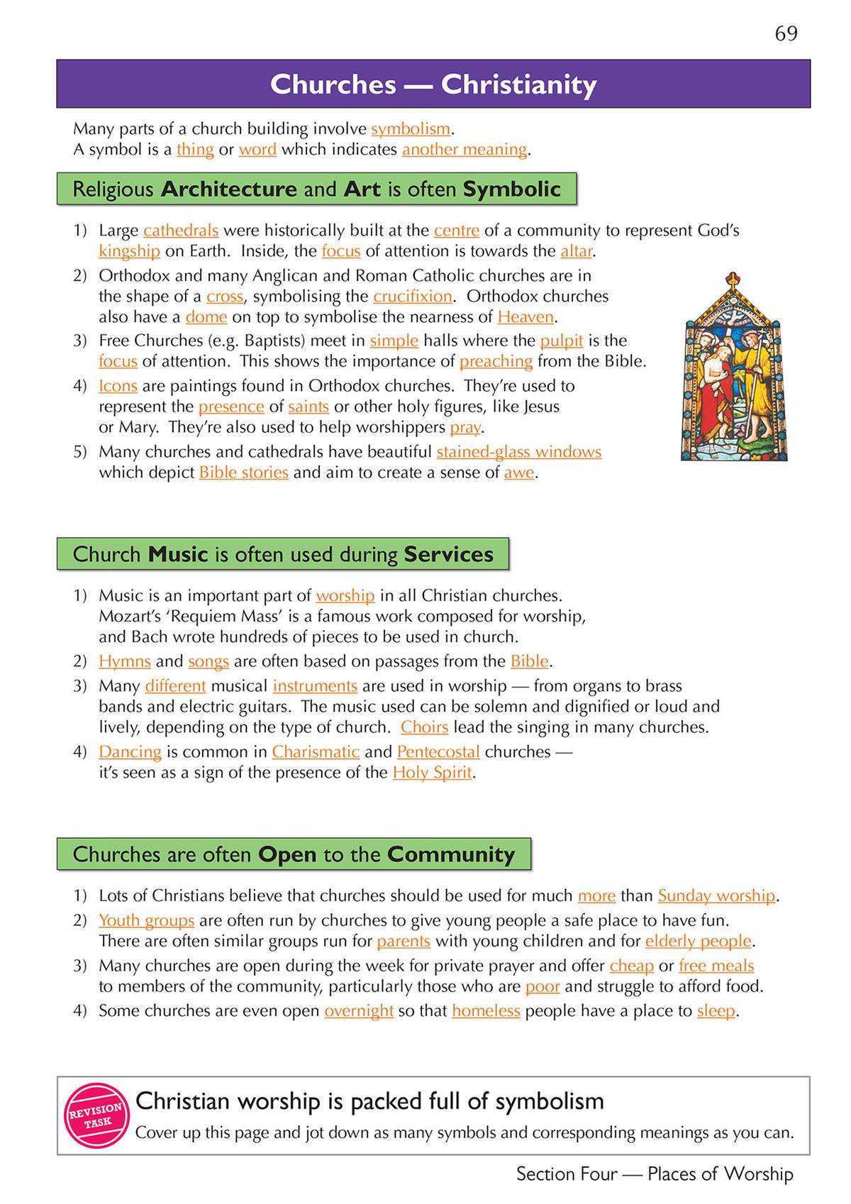 Clear notes on church symbolism, architecture, music and community roles, with a stained glass image to illustrate the point