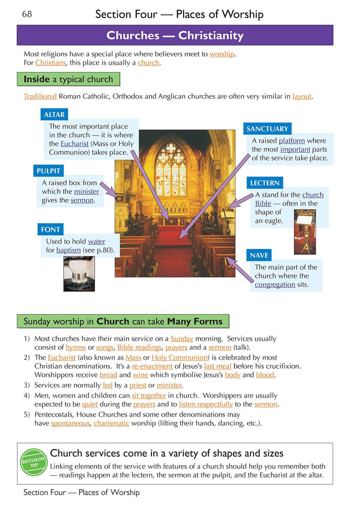 A page explaining church parts and services, using a photo of a church interior and text boxes to define key terms