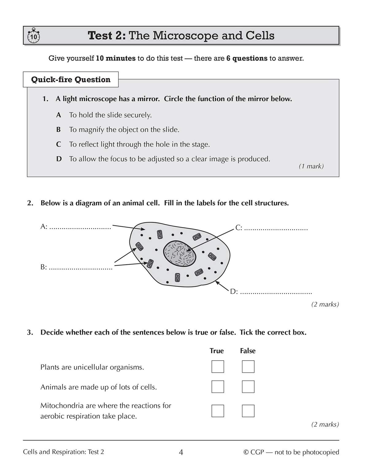A 10-minute test on microscopes and cells, with multiple choice, cell labelling and true/false questions
