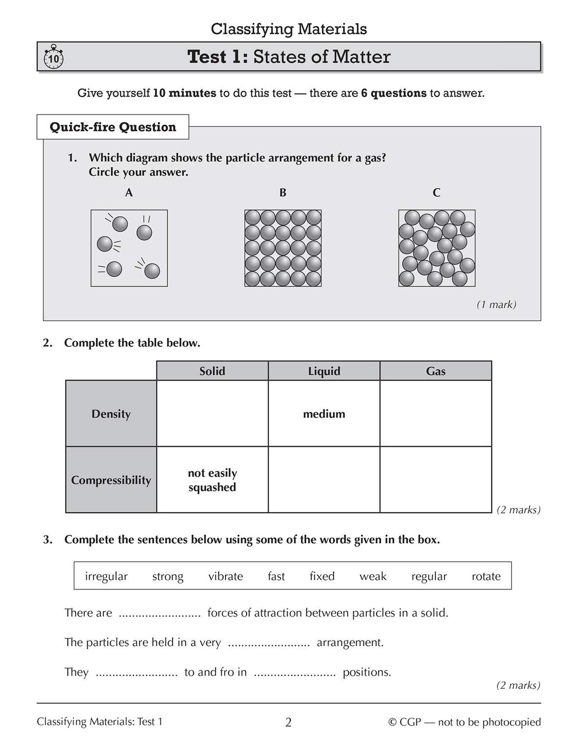 A timed test on states of matter where pupils circle diagrams, complete a table