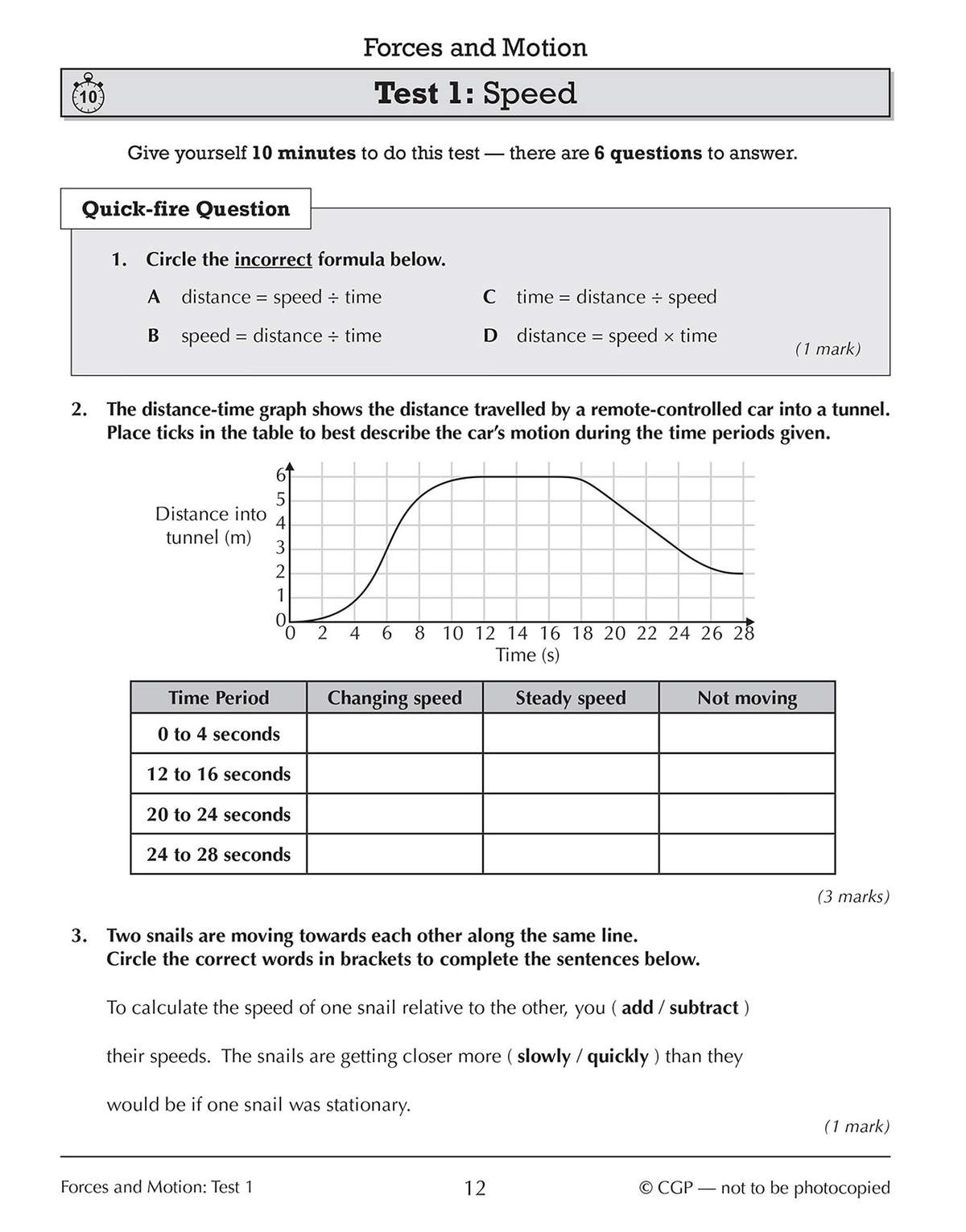 A 10-minute test on speed with a quick-fire formula question, a graph to interpret