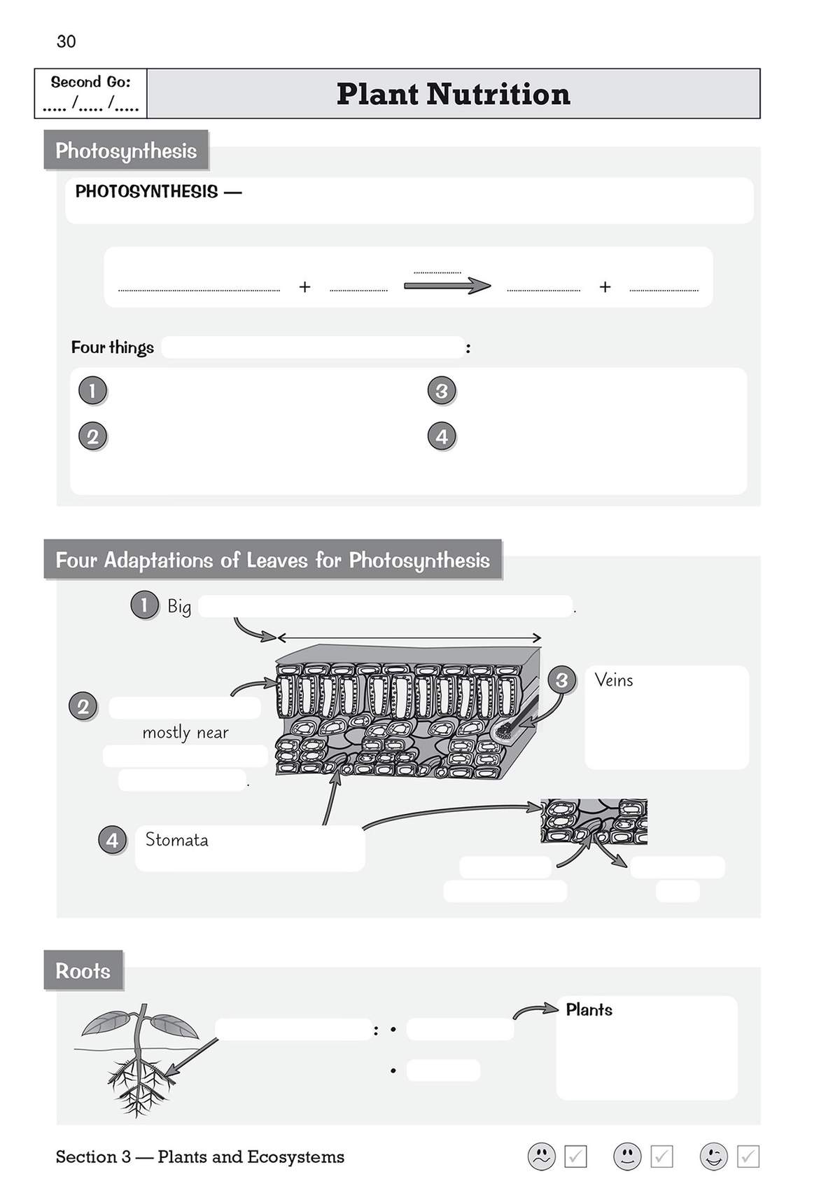 A page explaining plant nutrition with diagrams of leaf structure and a plant, plus a section on roots