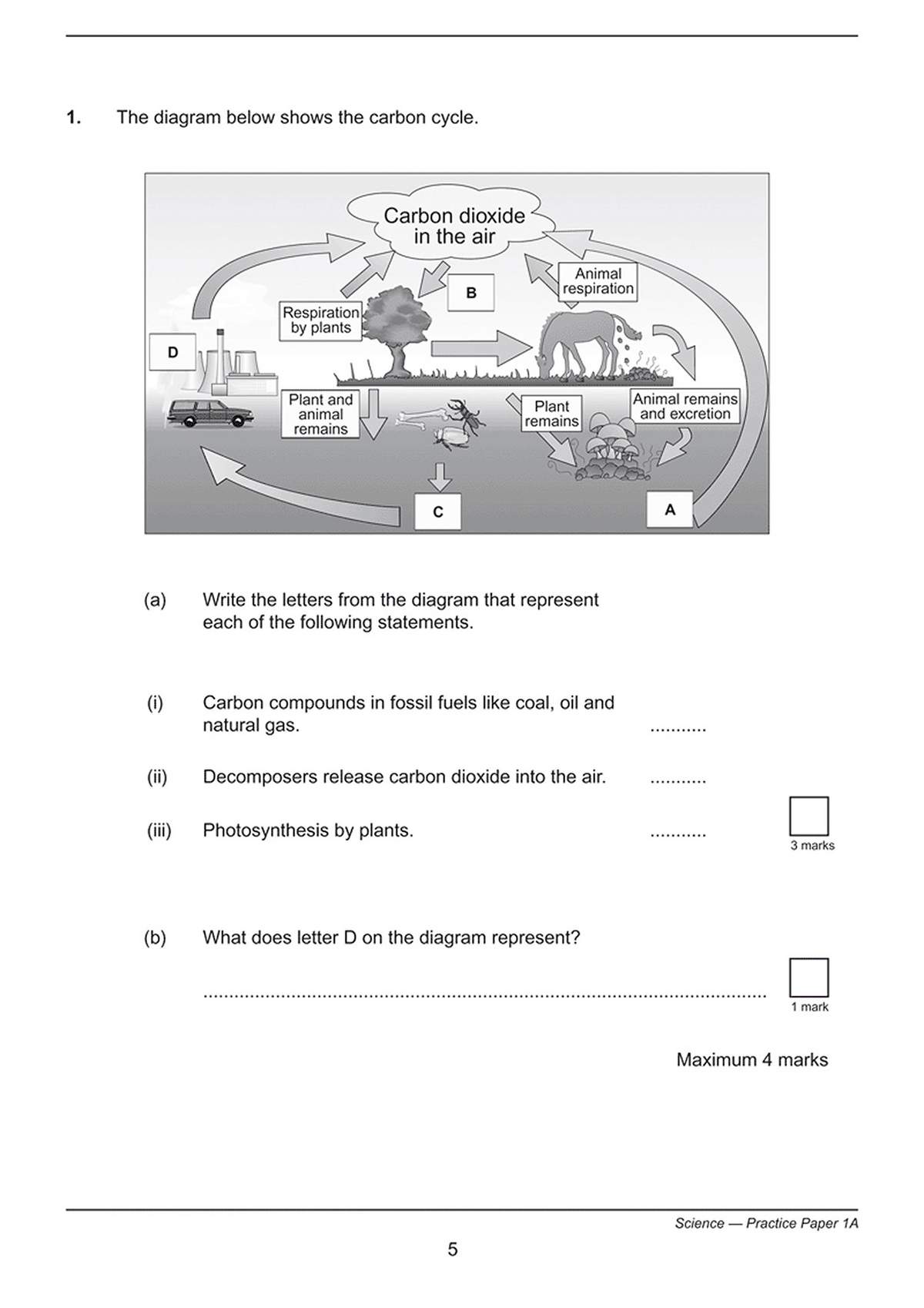 A diagram of the carbon cycle with four letters to match to statements, plus one short written answer question