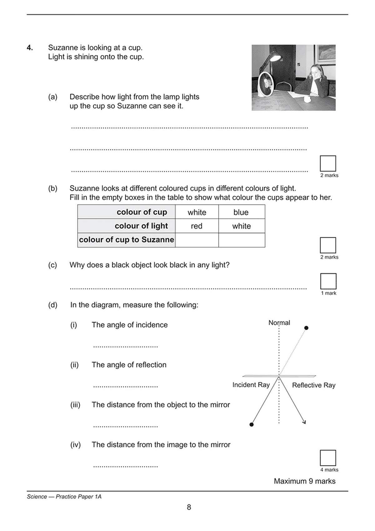 A science question on light reflection, colour perception and measuring angles from a diagram