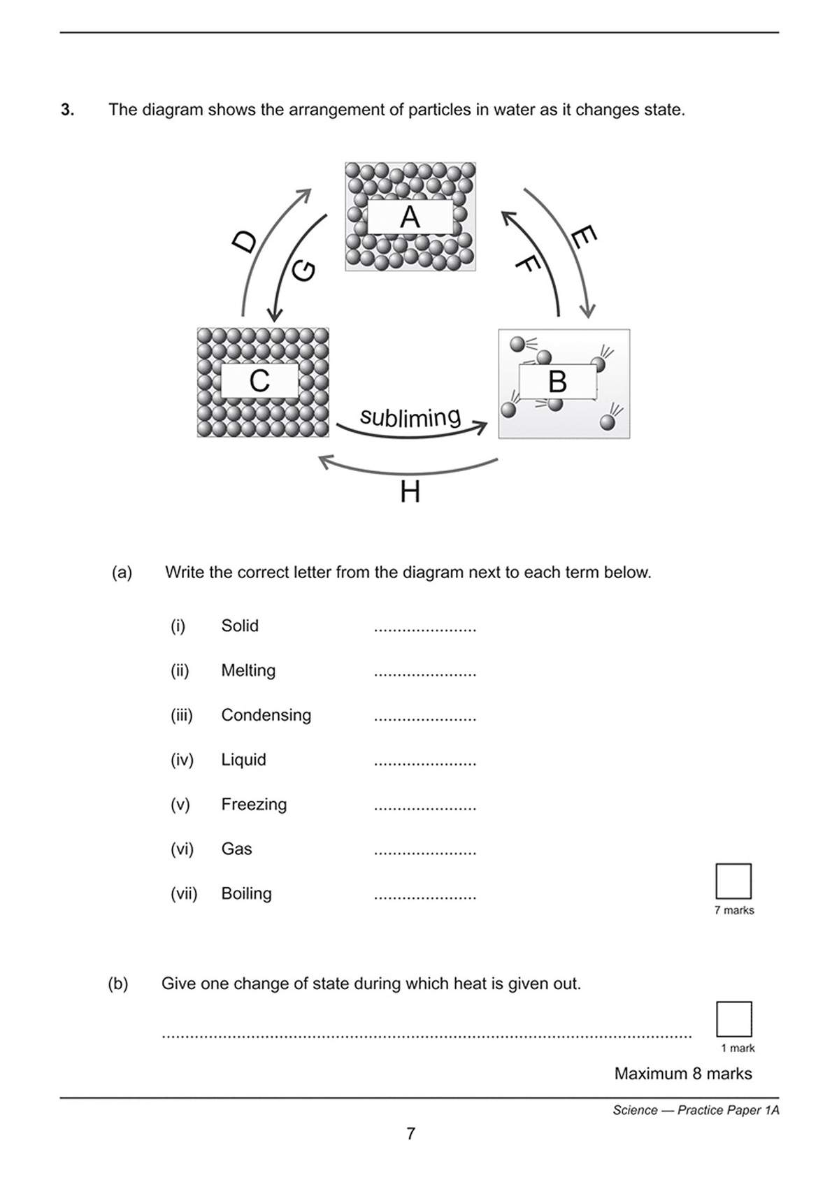 A diagram of particle arrangements in solid, liquid and gas states, with questions to label the changes of state