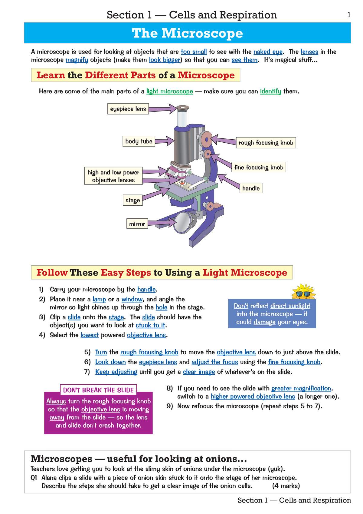 A labelled diagram of a microscope, steps for using it, and a short question on describing the process